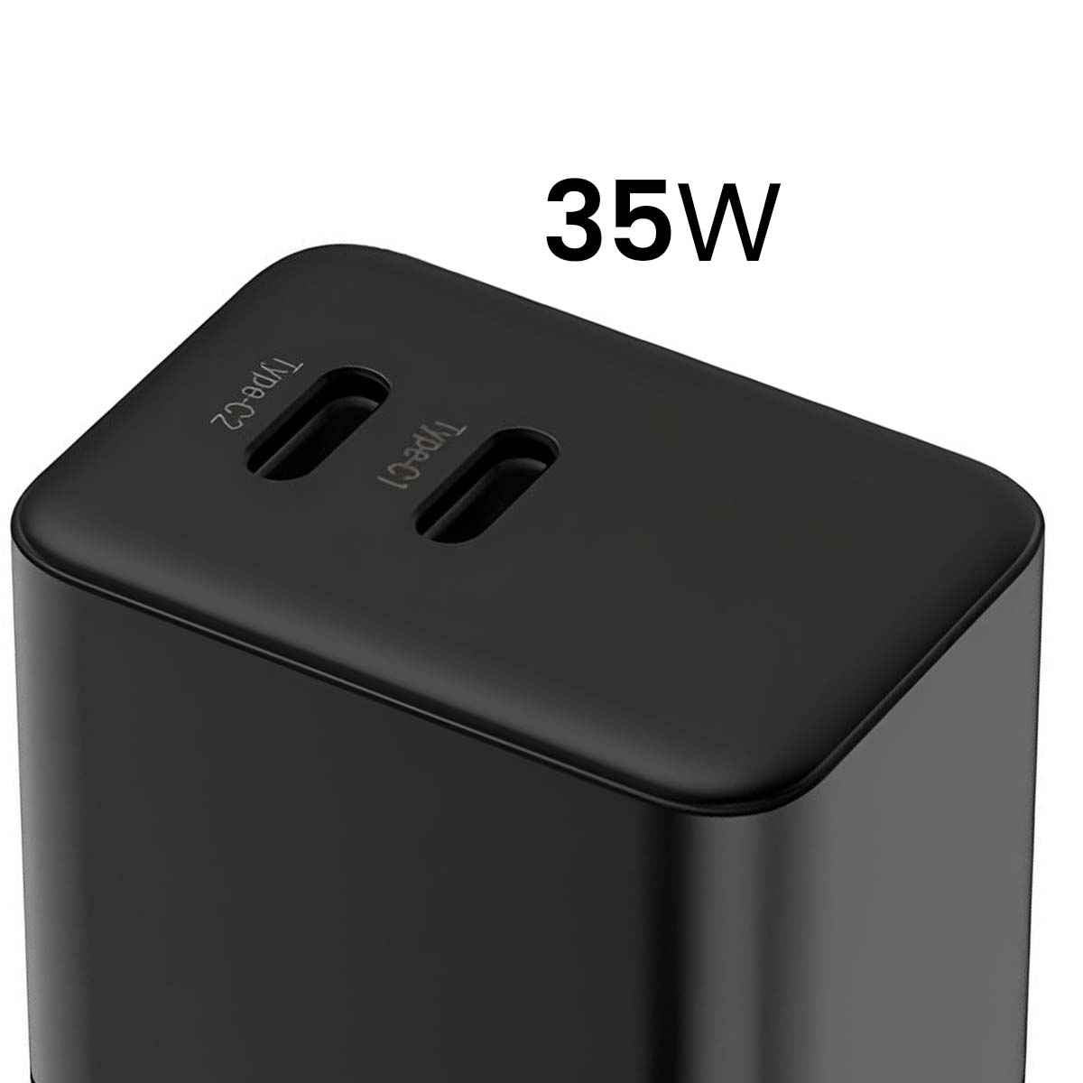 Un chargeur noir de 35W avec deux ports Type-C. Les ports sont étiquetés Type-C1 et Type-C2. Le fond est blanc.
