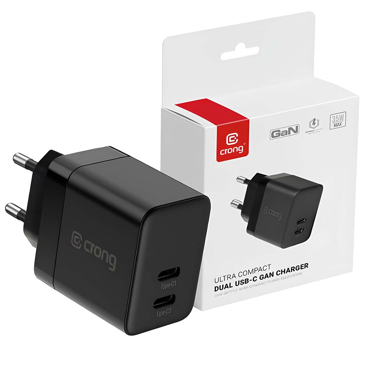 Un chargeur GAN USB-C Crong noir est affiché. Le chargeur est à côté de sa boîte blanche avec des accents rouges, et le logo de la marque est visible.
