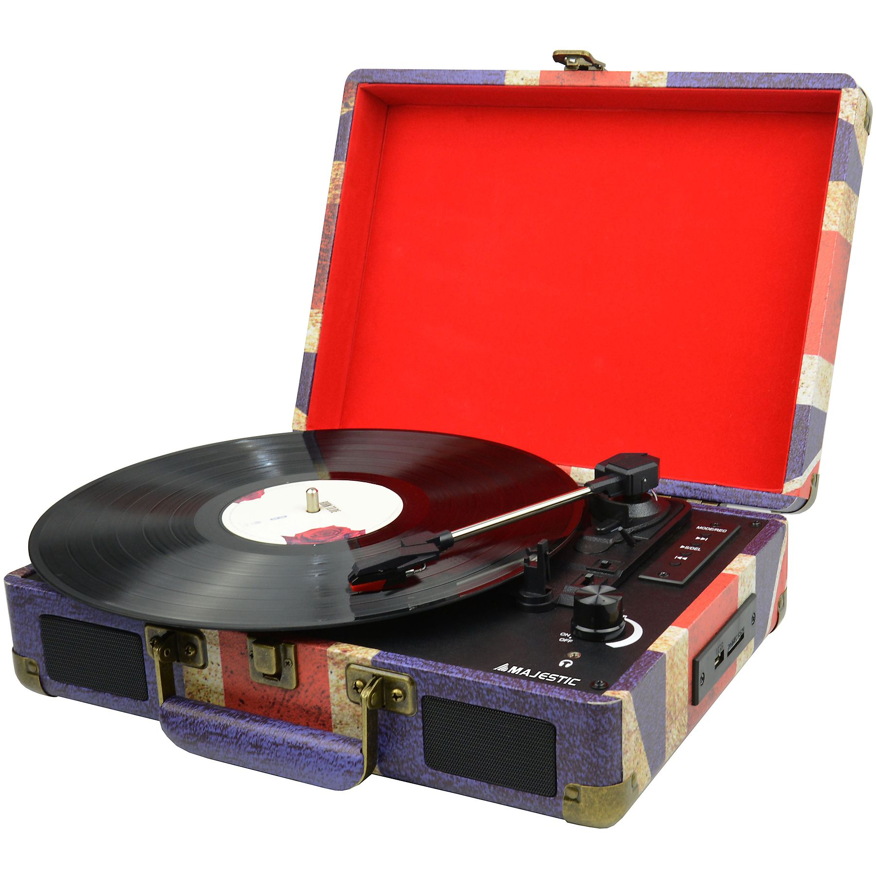 Un giradischi vintage con il design Union Jack. Un disco in vinile è sul giradischi. La custodia è aperta, rivelando l'interno rosso.