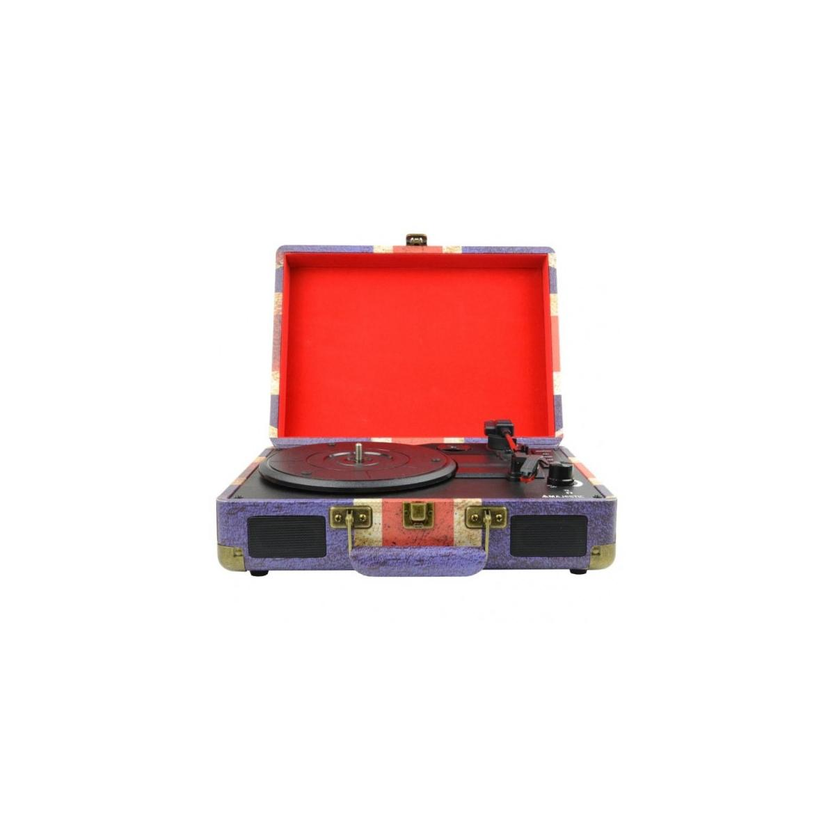 Un giradischi vintage con custodia viola e blu, aperto per rivelare un interno rosso e un disco nero.