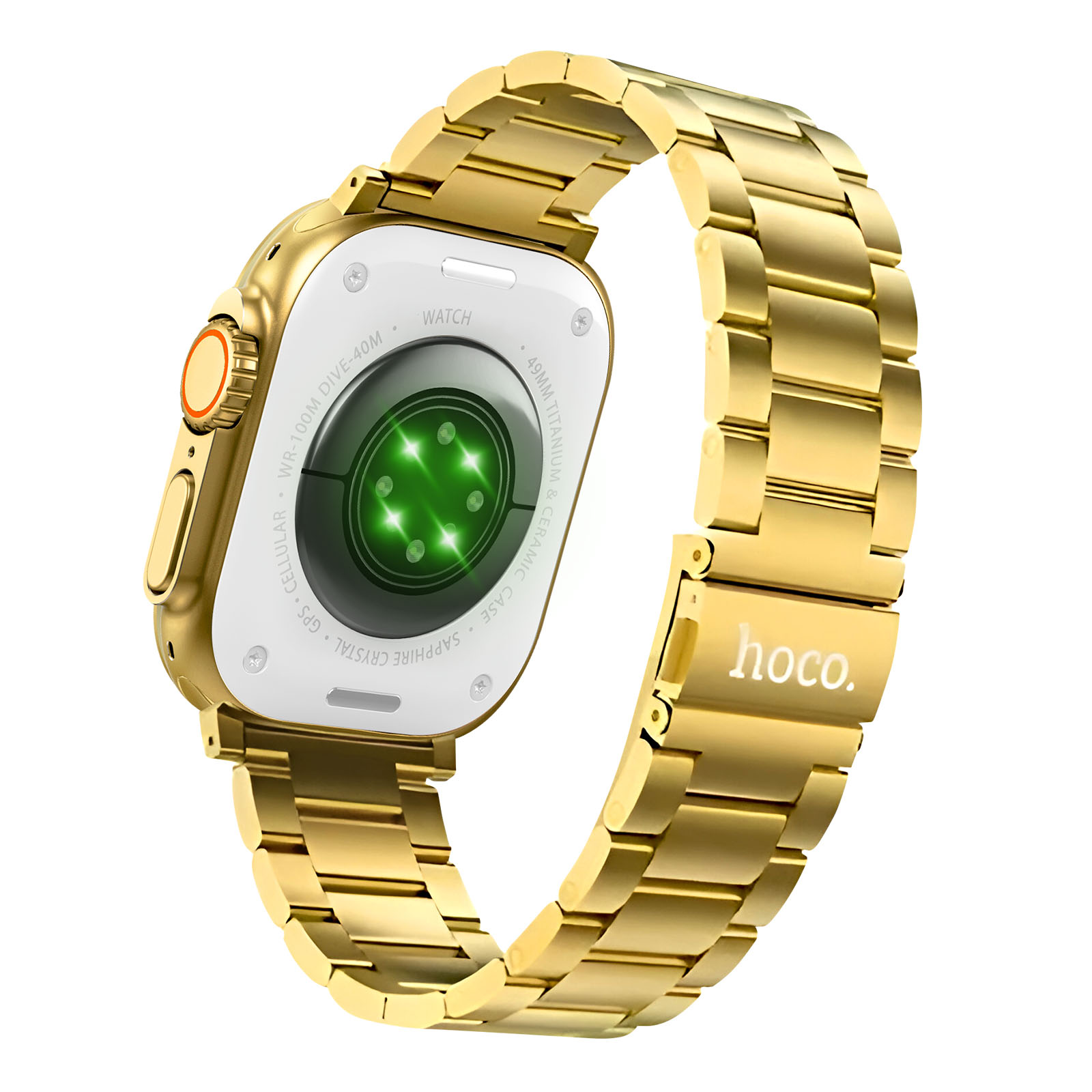 Eine goldene Smartwatch mit Metallarmband. Das Zifferblatt ist weiß, die Rückseite hat Sensoren. Die Marke ist hoco.