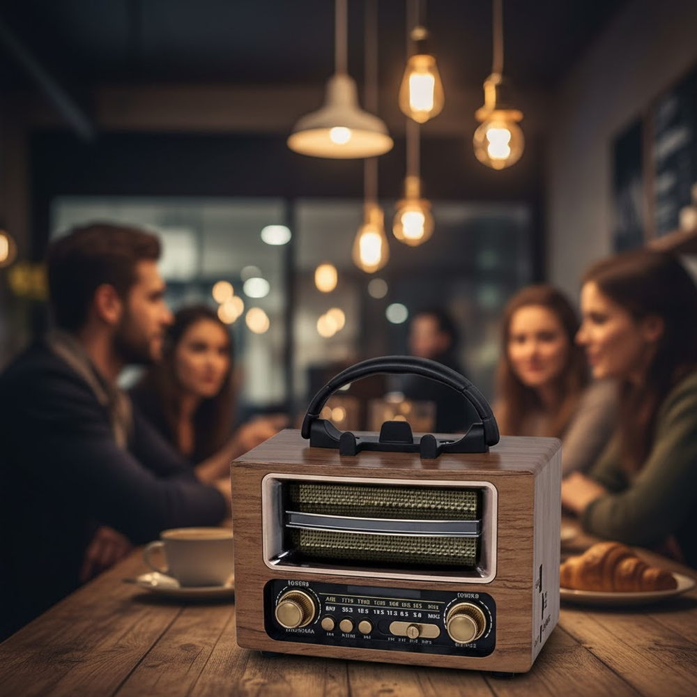 Ahşap bir retro radyo bir masada duruyor. Arka planda, sıcak aydınlatmalı bir kafede bulanık insanlar var.