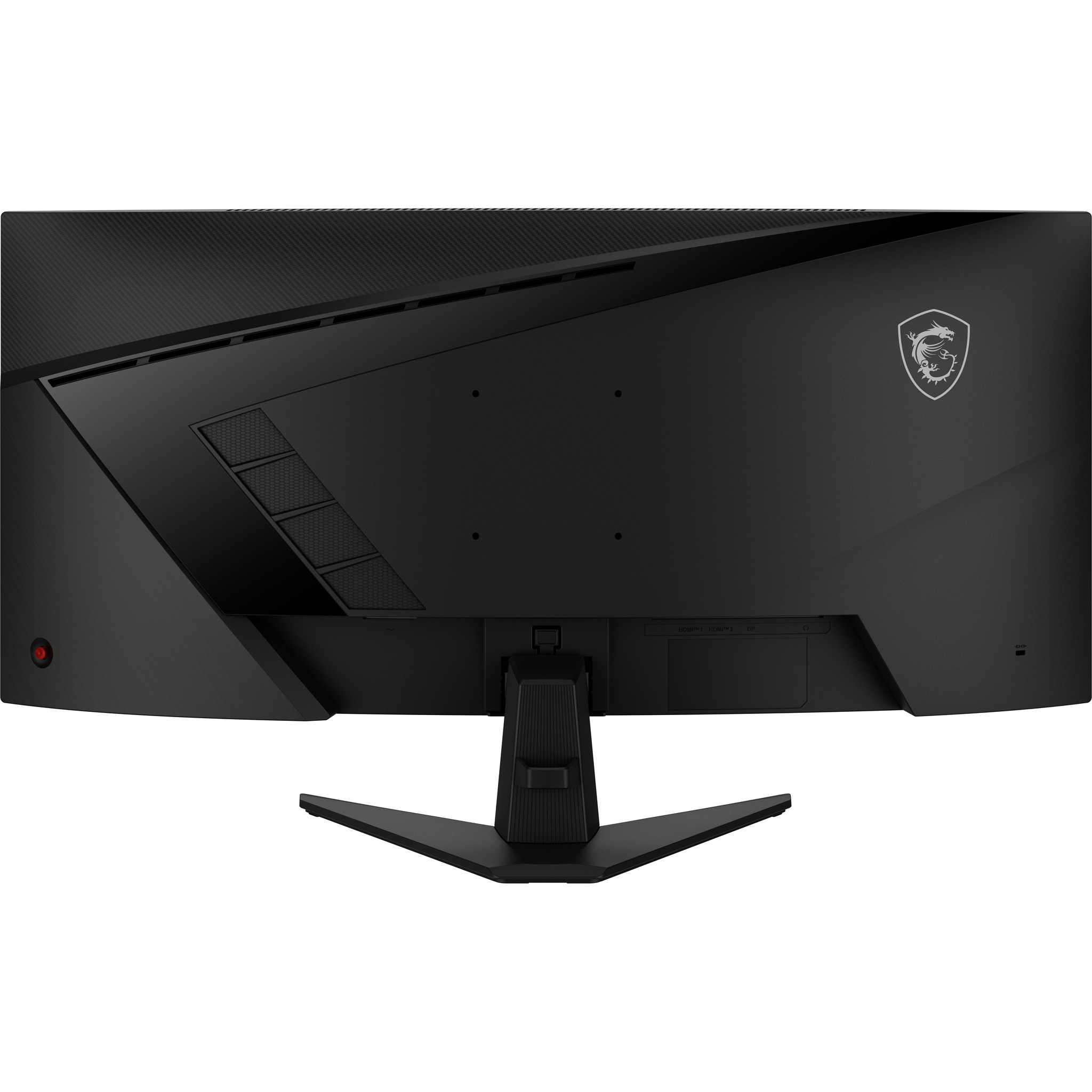 Achteraanzicht van een zwarte computermonitor. Het heeft een standaard en het MSI-logo. Er zijn verschillende poorten en ventilatieopeningen.