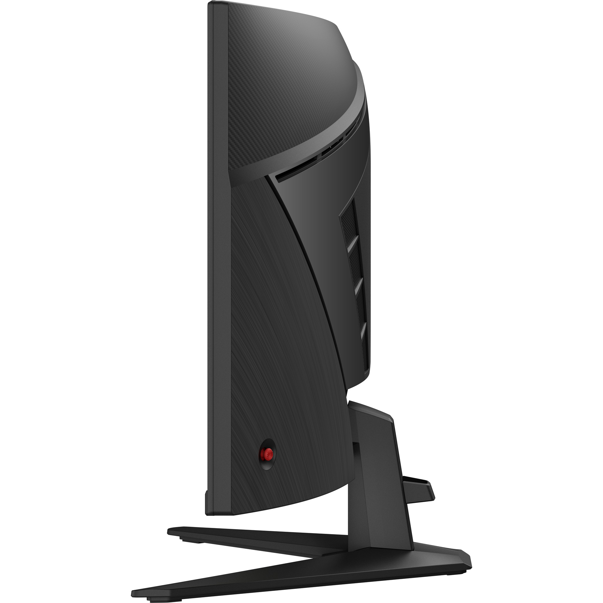 Zijaanzicht van een zwarte computermonitor. Het heeft een gebogen scherm en een rode aan/uit-knop. De standaard is zwart.