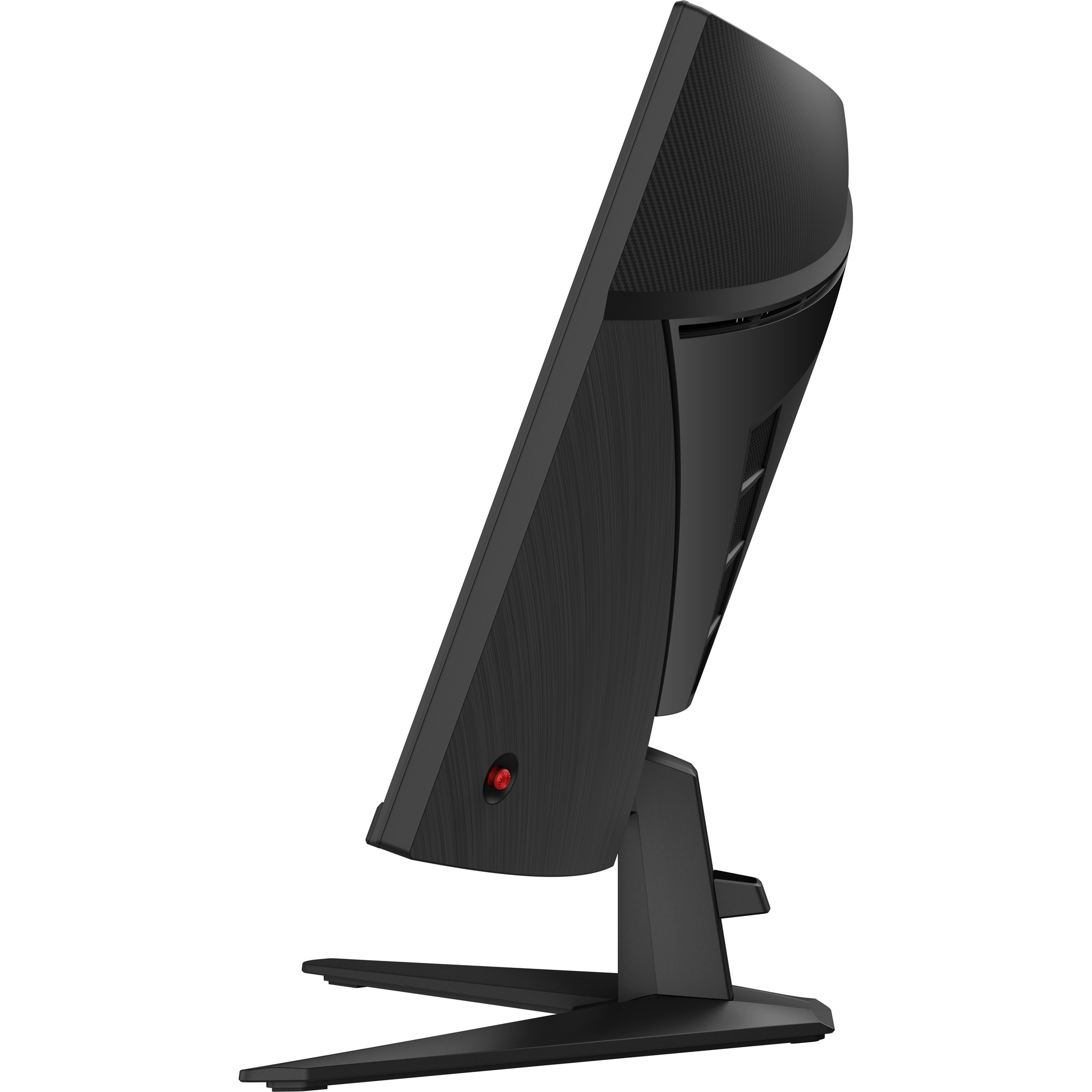 Een zwarte computermonitor, met een rode knop, staat op een zwarte standaard tegen een witte achtergrond.