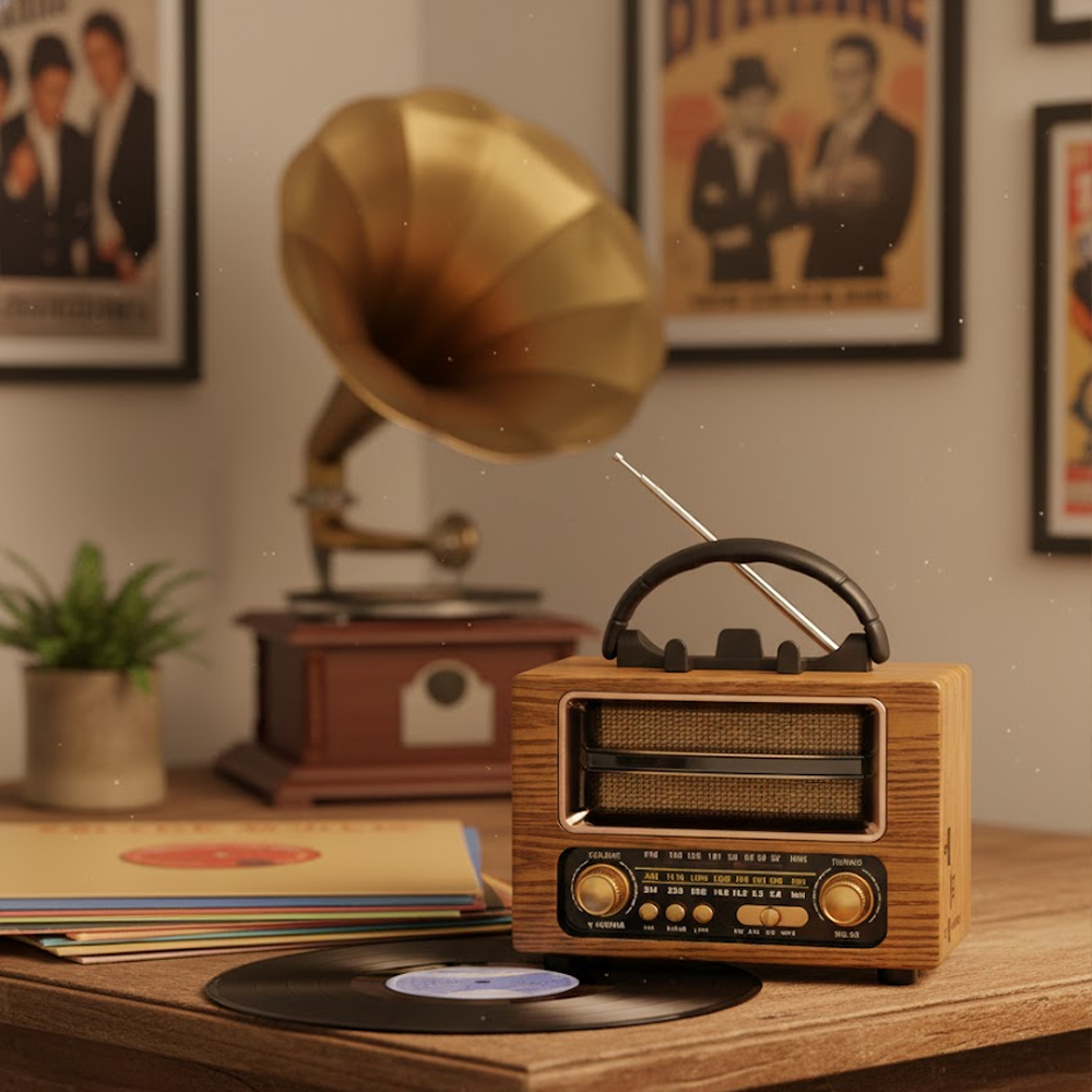 Ahşap bir masada eski ahşap radyo ve gramofon. Arka planda plaklar ve posterler. Köşede küçük bir bitki.