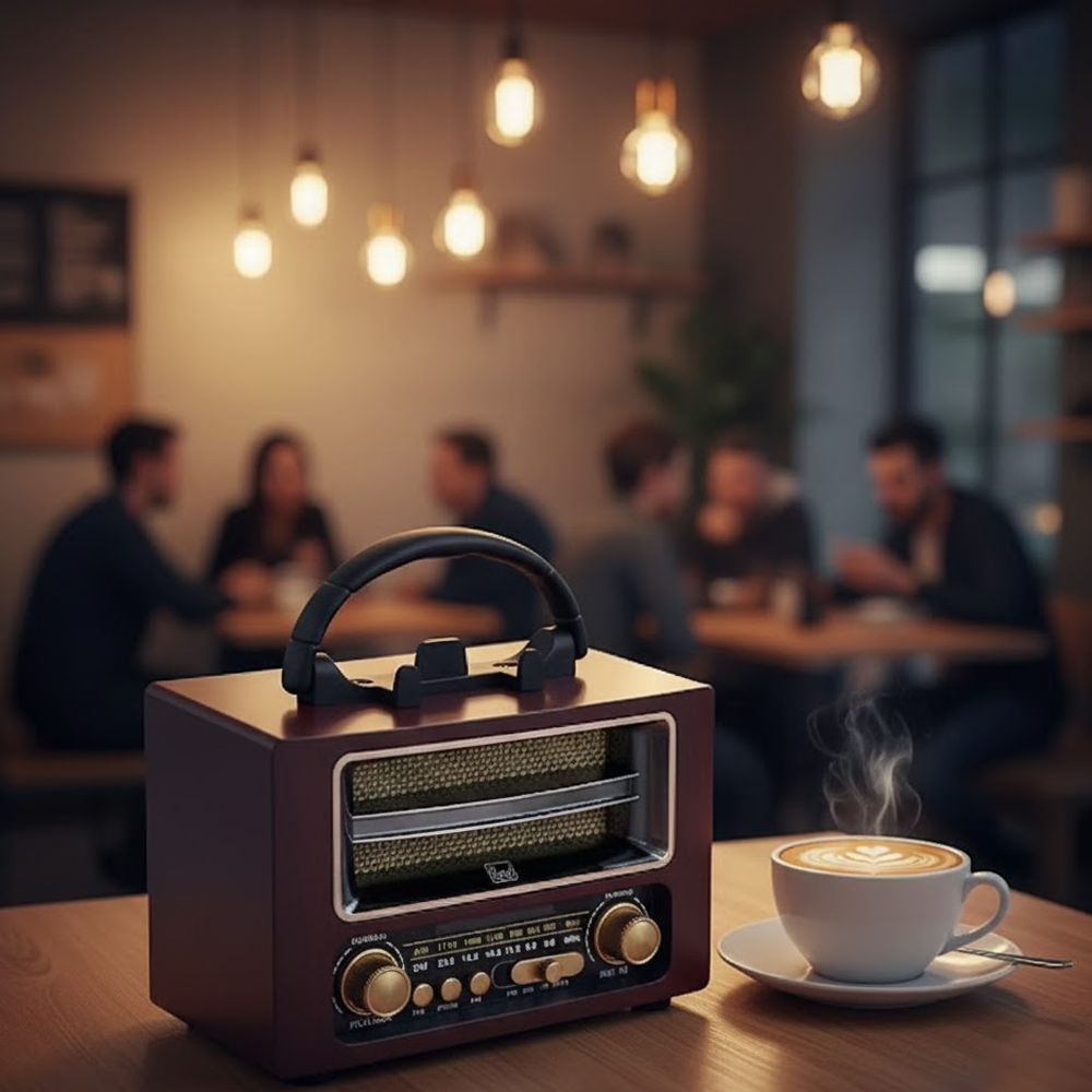 Bir masada eski tarz bir radyo ve bir fincan latte. Arka planda bulanıklaşmış insanlar, asılı lambalarla bir kafede.