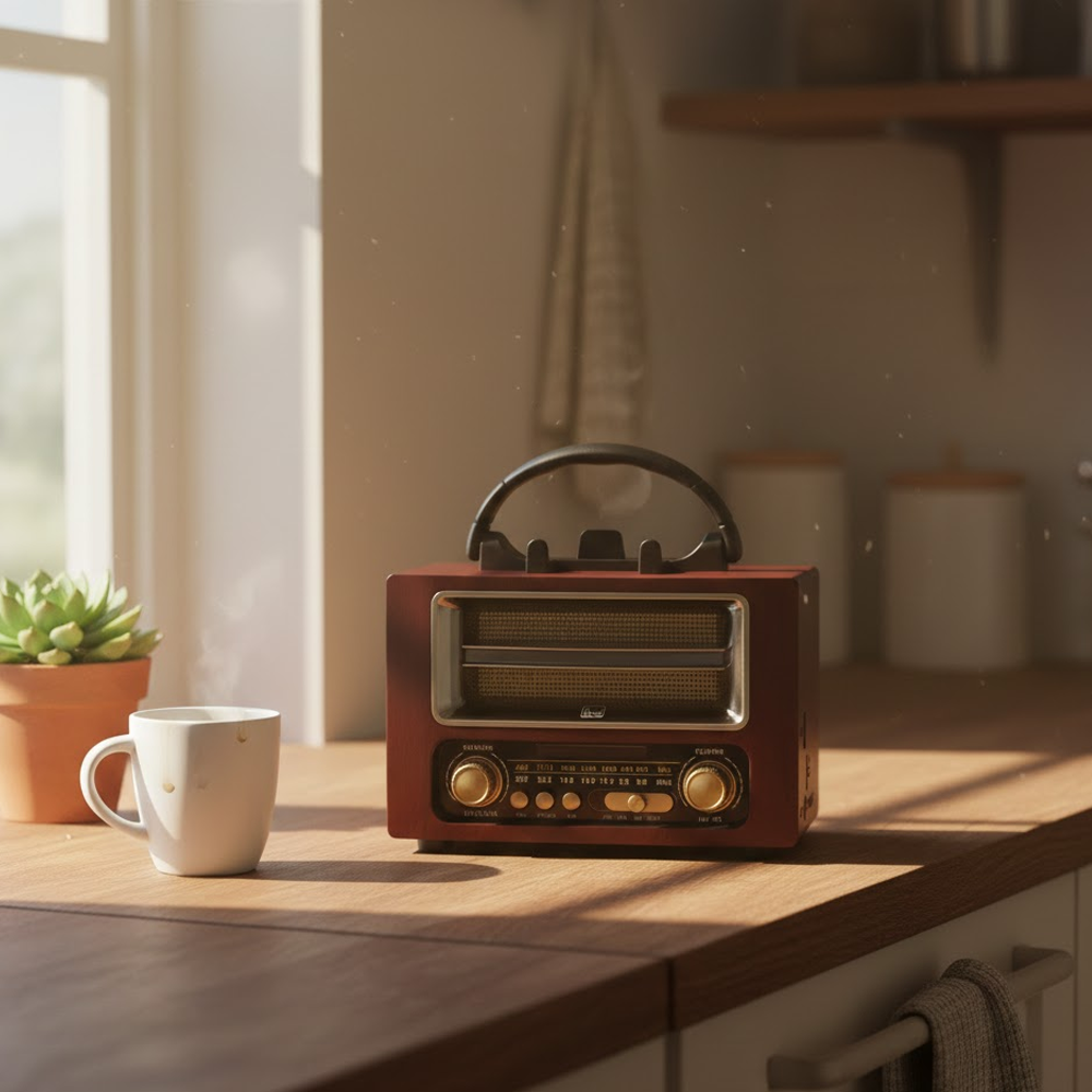 Kırmızı retro bir radyo, bir fincan, bir bitki ve bir pencerenin yanında ahşap bir tezgahın üzerinde duruyor. Mutfak ortamı, sıcak ışık.