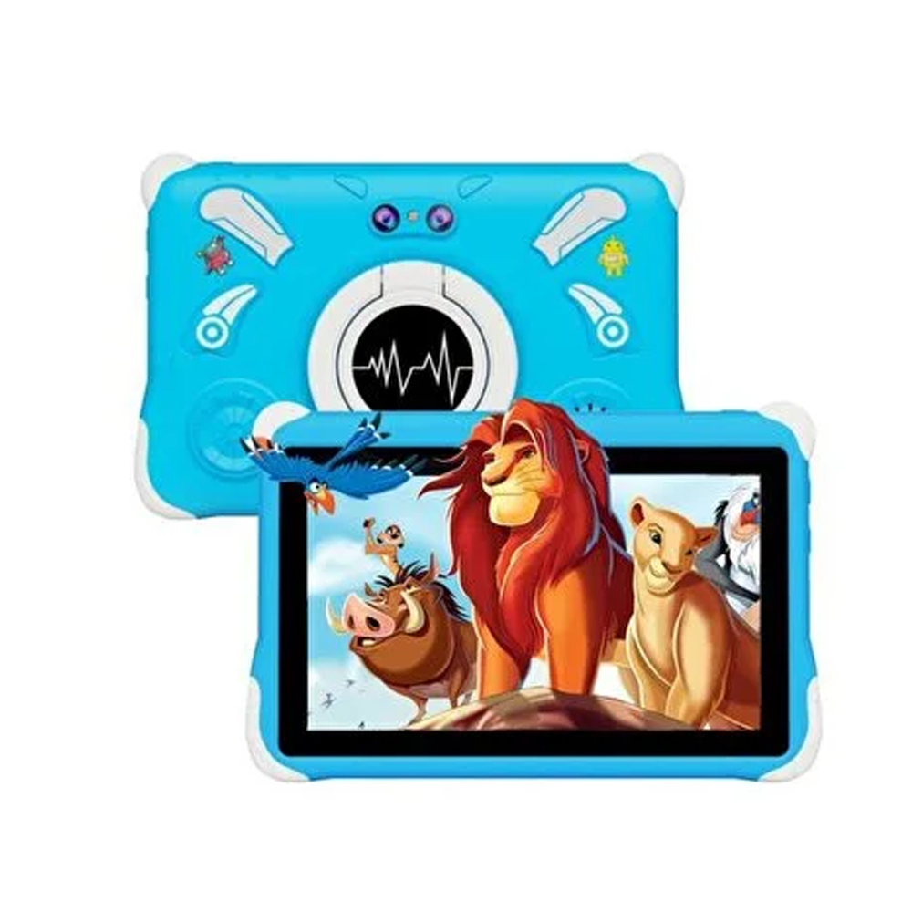 Aslan Kral sahnesi olan mavi bir tablet. Üst kısımda bir kamera ve tasarım öğeleri bulunuyor.