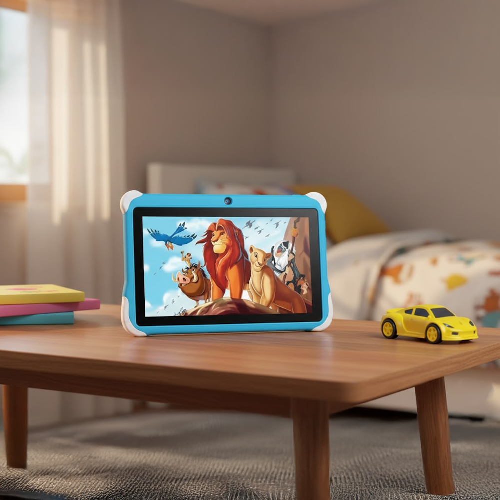 Ekranında Aslan Kral'ın olduğu bir tablet masada duruyor. Yakınlarda sarı bir oyuncak araba ve kitaplar var, arka planda bir yatak.