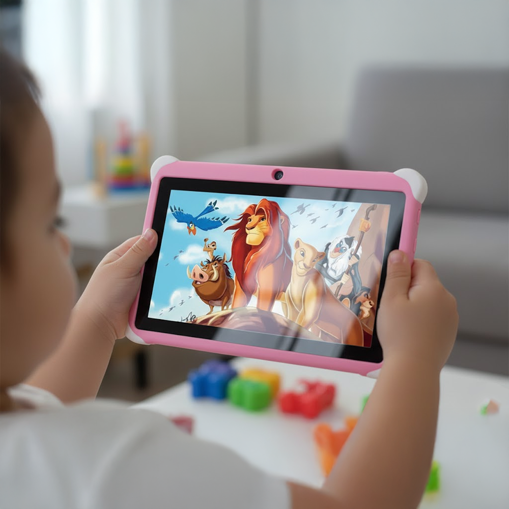 Bir çocuk, Aslan Kral görüntüsünün olduğu pembe bir tablet tutuyor. Sahnede Simba, Timon, Pumbaa ve Zazu yer alıyor. Masada oyuncaklar var.