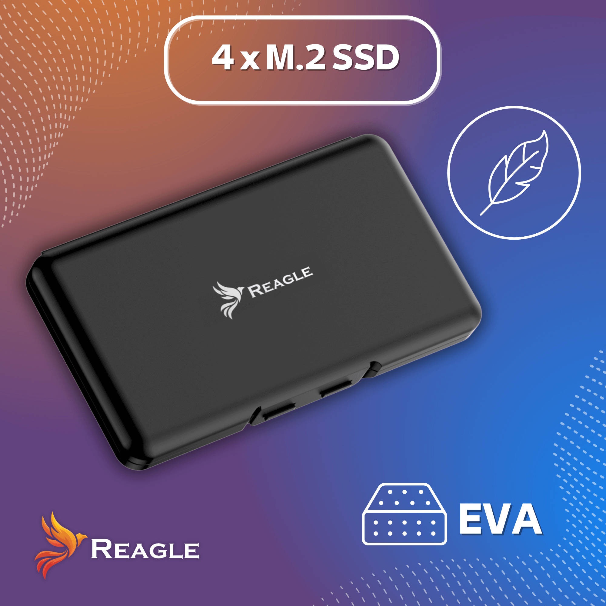 Custodia M.2 SSD nera con logo 'REAGLE', testo bianco. Testo 4x M.2 SSD in alto. Testo EVA in basso.