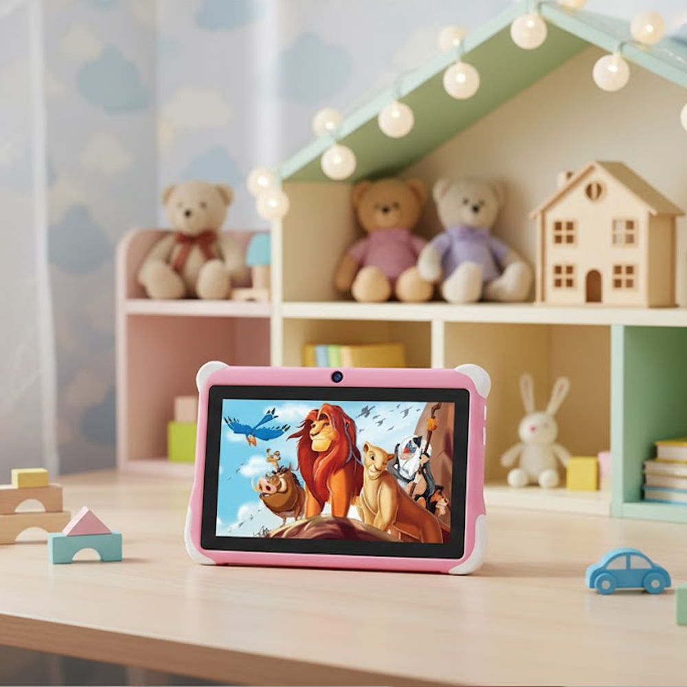 Pembe bir tablet, Aslan Kral sahnesini gösteriyor. Oyuncaklar, oyuncak ayılar ve bir ev dahil, arka planda bir rafta. Yakınlarda mavi bir araba var.