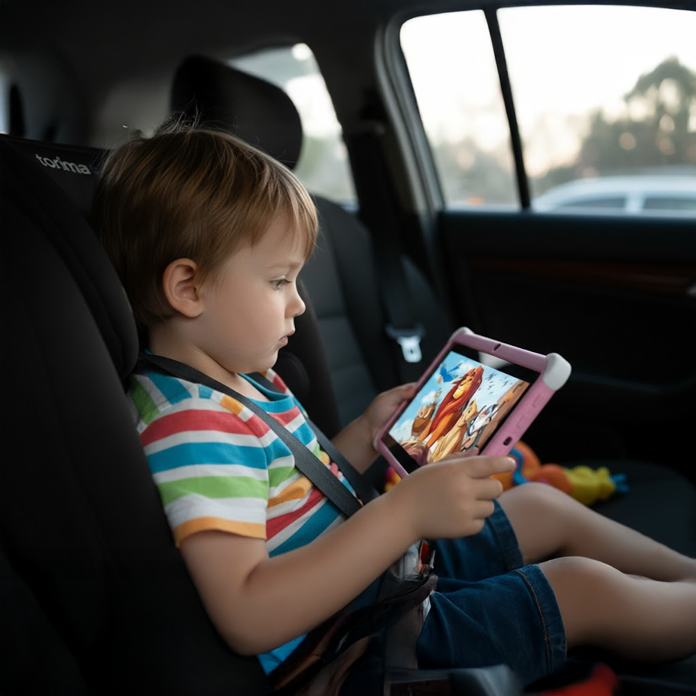 Araba koltuğunda oturan bir çocuk tablet izliyor. Tablette bir çizgi film görüntüsü gösteriliyor. Çocuk çizgili bir gömlek giyiyor ve emniyet kemeri takılı.