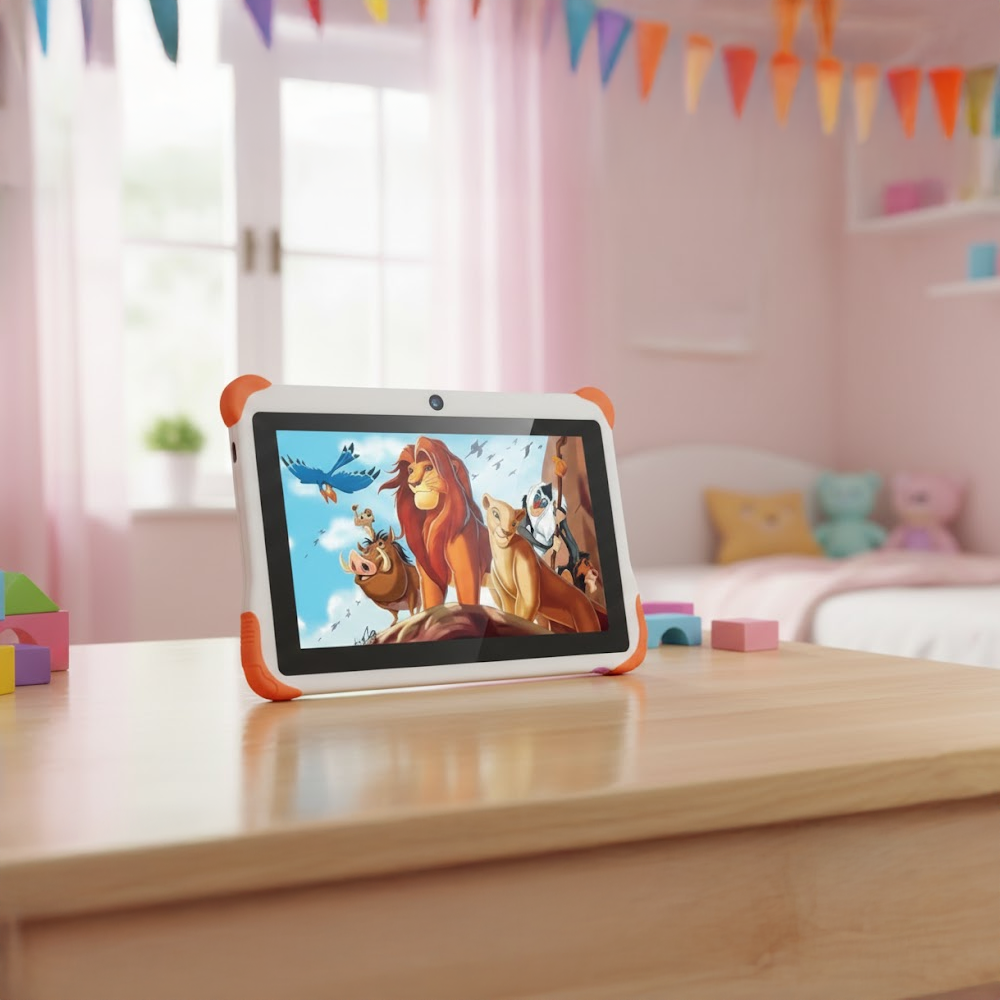 Bir tablet Aslan Kral sahnesini gösteriyor. Pembe temalı, yatak ve oyuncakların bulunduğu bir odada, ahşap bir masanın üzerinde duruyor. Renkli flamalar asılı.