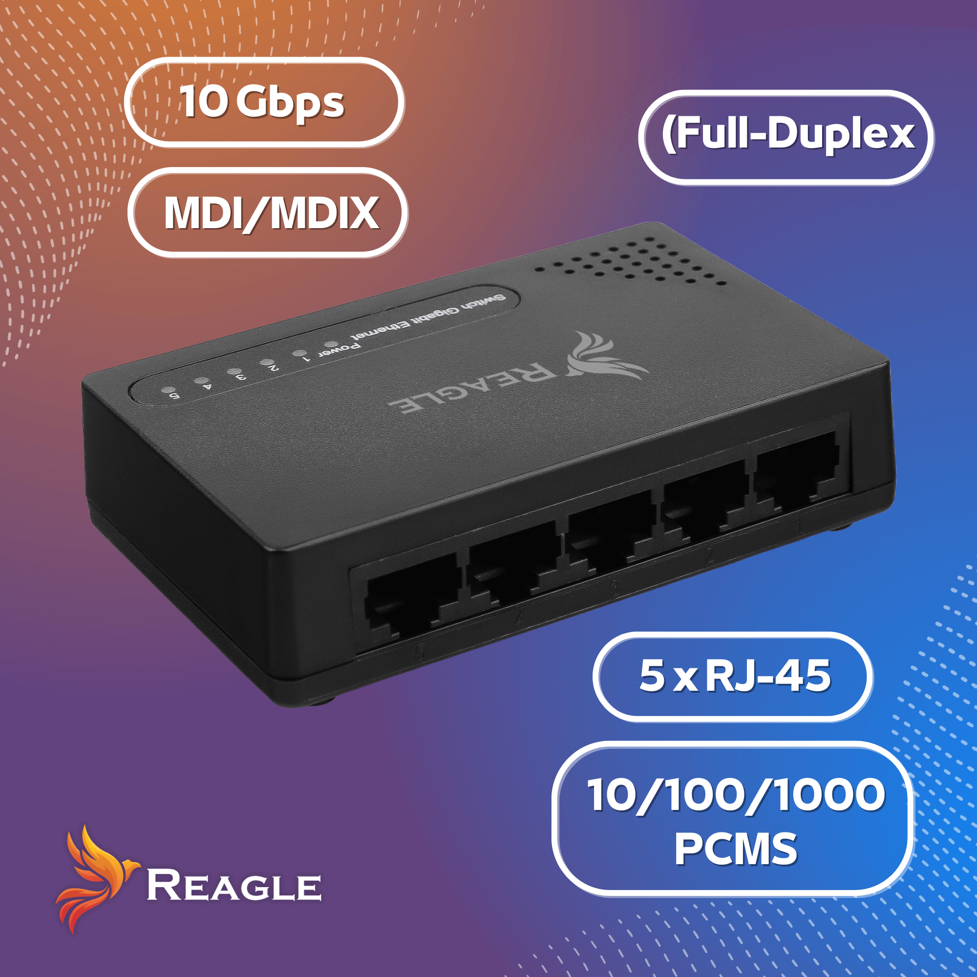 Czarny przełącznik sieciowy z portami RJ-45. Etykiety: 10 Gbps, MDI/MDIX, 5xRJ-45, 10/100/1000 PCMS. Marka: Reagle.