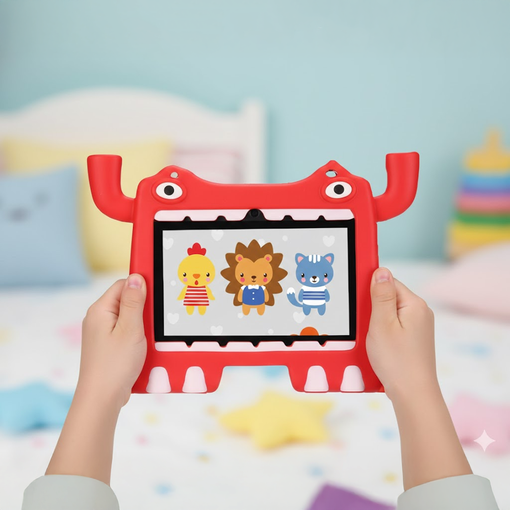 Bir çocuk, canavar kılıfında kırmızı bir tablet tutuyor. Ekranda hayvan çizgi filmleri gösteriliyor. Arka plan: yatak, yastık, yıldızlar.