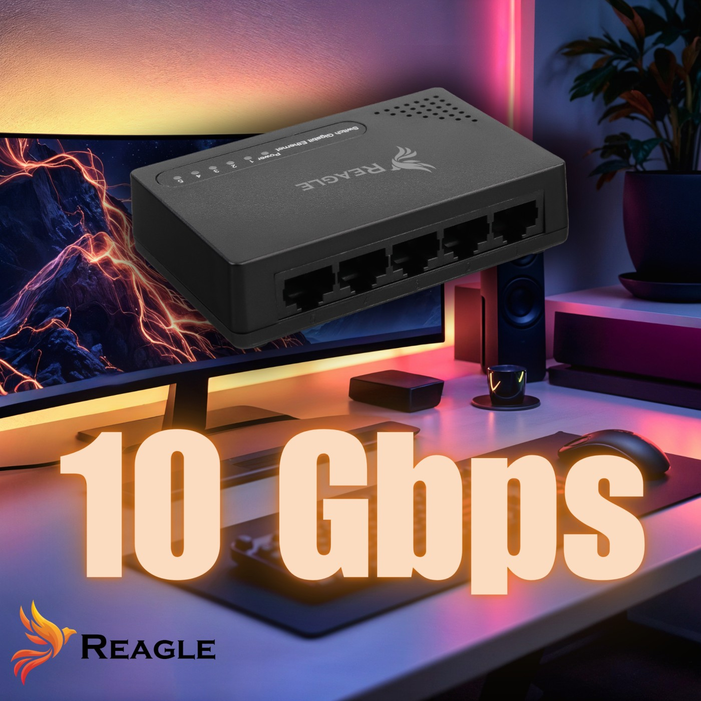 Czarny przełącznik sieciowy z napisem 'Reagle' i tekstem '10 Gbps'. Biurko z monitorem i akcesoriami w tle.