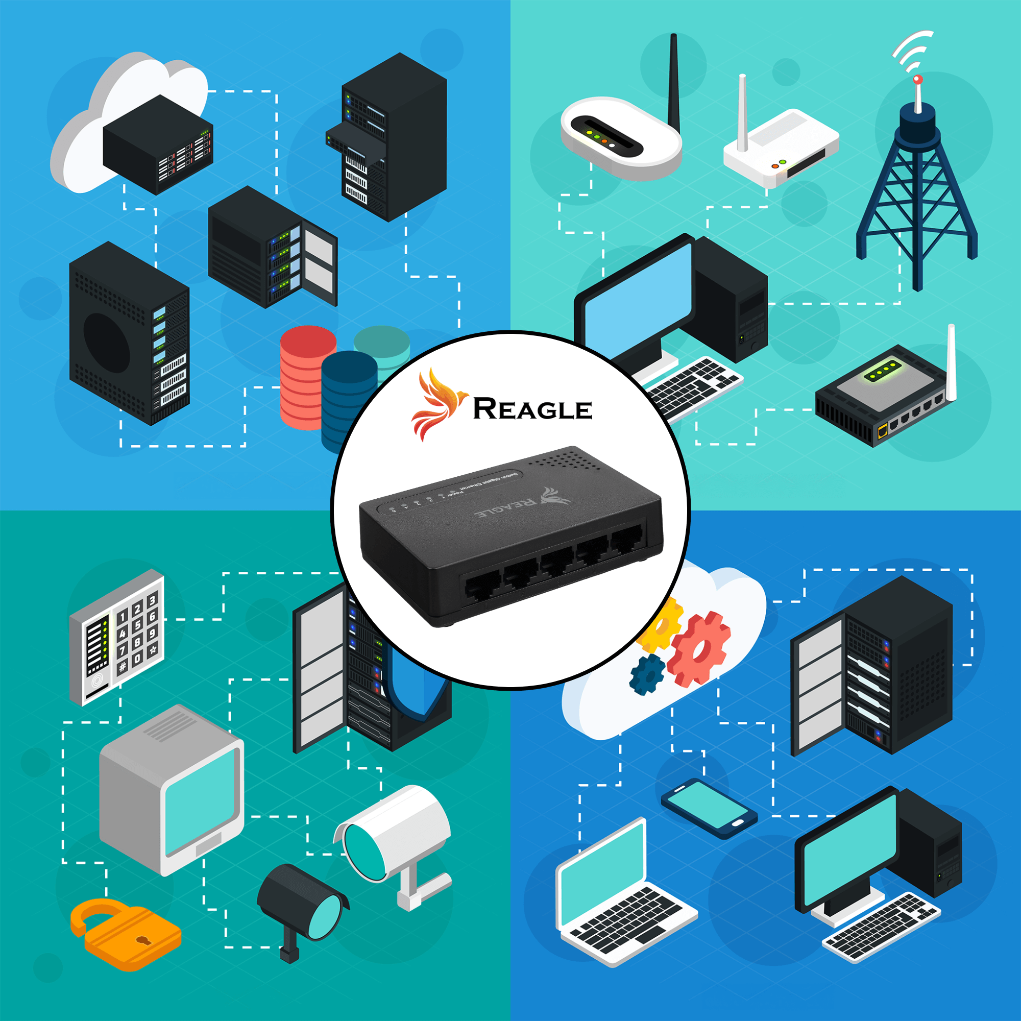 Ilustracja urządzeń sieciowych: serwery, routery, komputery, kamery bezpieczeństwa i centralny przełącznik Reagle.