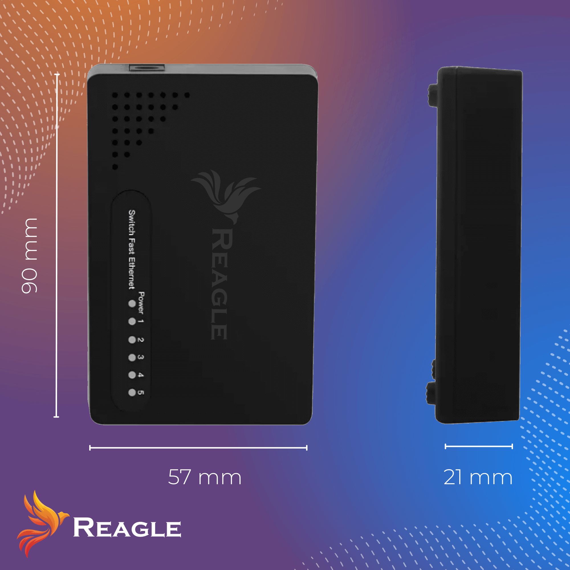 Czarne urządzenie Reagle Switch Fast Ethernet. Wymiary są pokazane. Obecny jest również widok z boku. Tło to gradient.