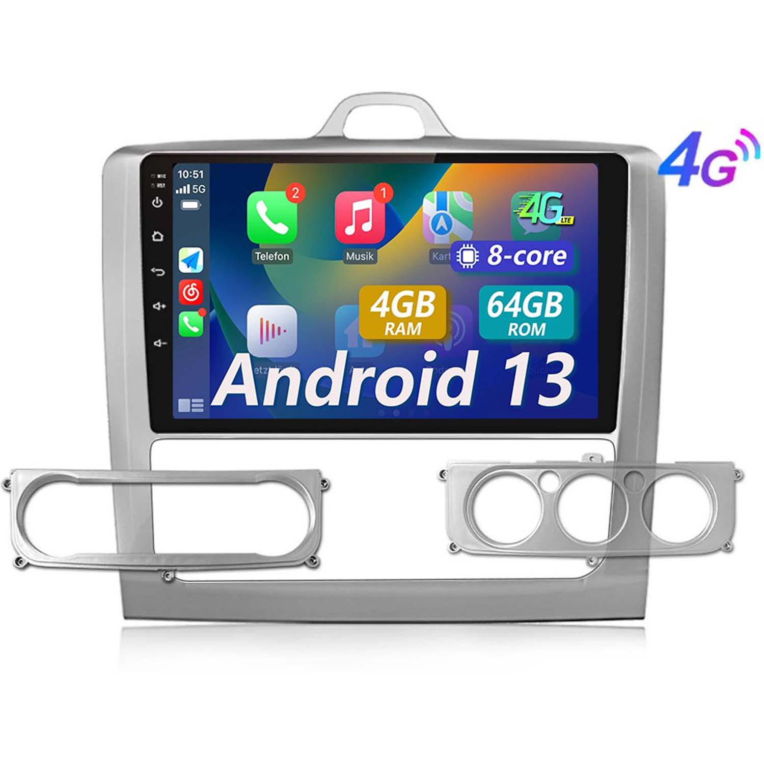 Autoradio con Android 13, icone per telefono, musica e navigazione. Mostra 4G e info di sistema.