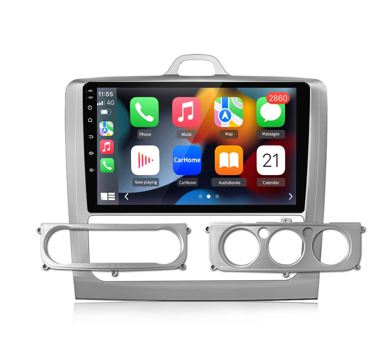 Autoradio con touchscreen che mostra le icone delle app. Cornice grigia con due finiture aggiuntive sottostanti. Sfondo bianco.