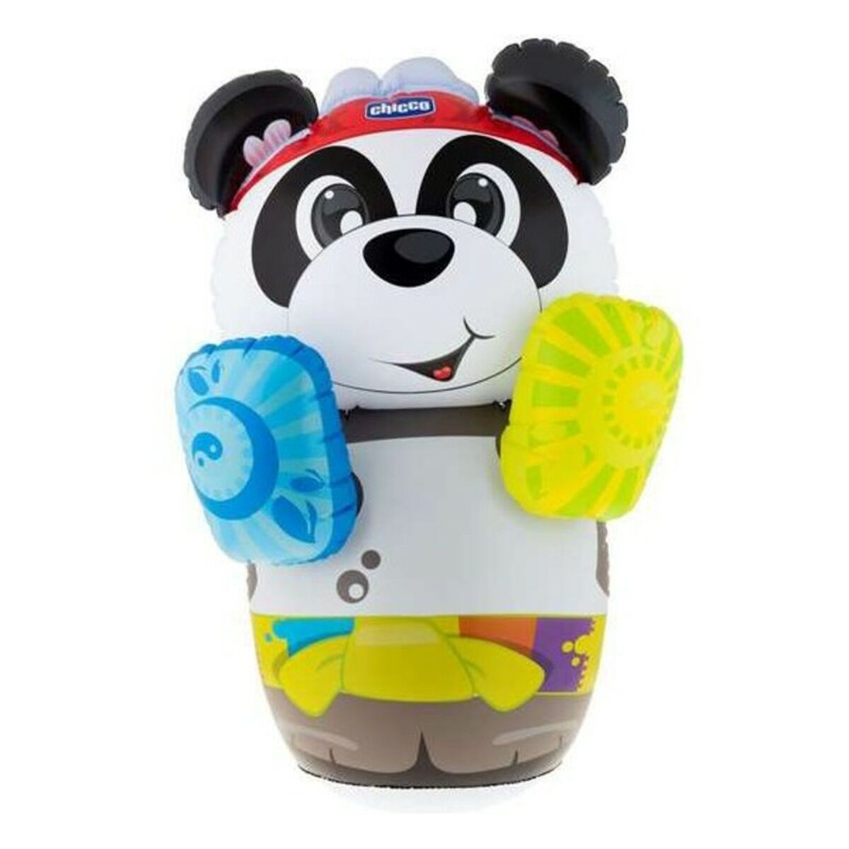 Un juguete con forma de panda con una diadema roja, orejas negras y manos inflables azules y amarillas. Está sobre un fondo blanco.