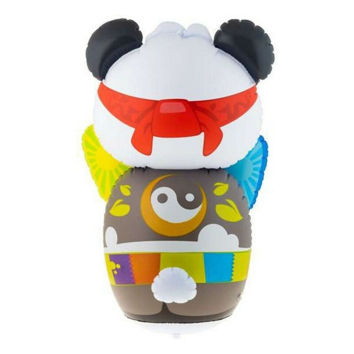 Un globo con forma de panda con diadema roja, orejas negras y alas. El cuerpo tiene un símbolo yin-yang y rayas coloridas.