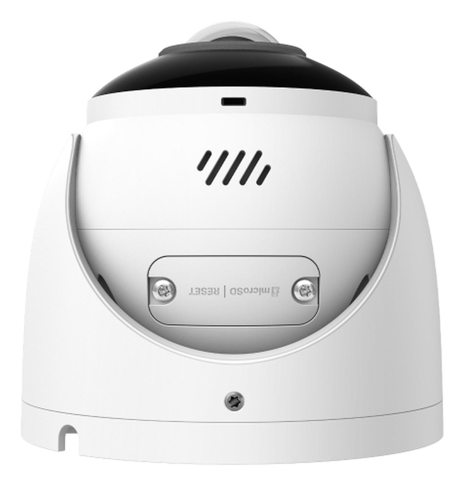 Biała kamera bezpieczeństwa z czarnym topem. Ma przycisk resetowania i gniazdo microSD. Ma otwory na głośniki.