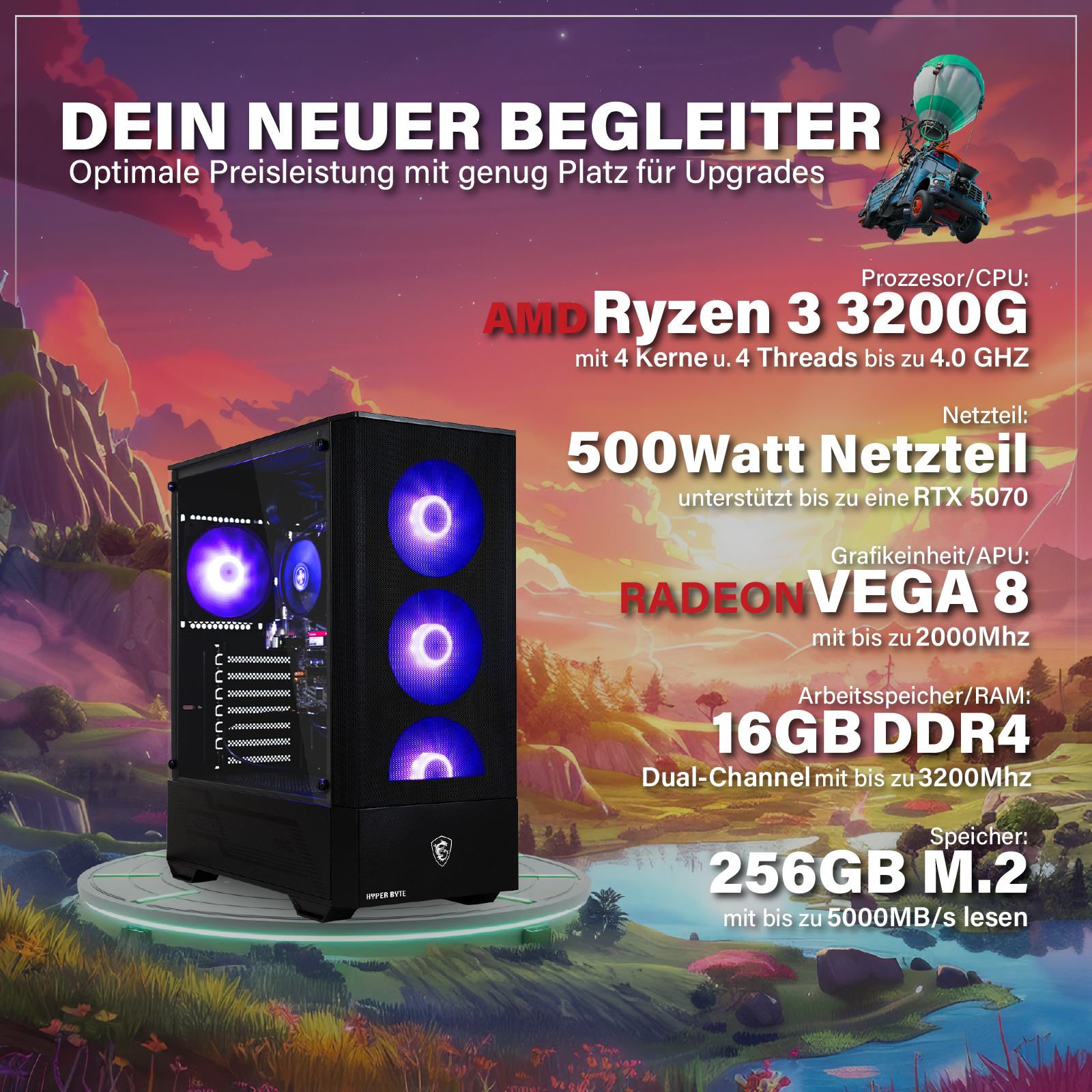 Obudowa komputera z niebieskimi światłami pośrodku. Specyfikacje obejmują AMD Ryzen, Radeon Vega 8, 16 GB RAM. Tło krajobrazowe.