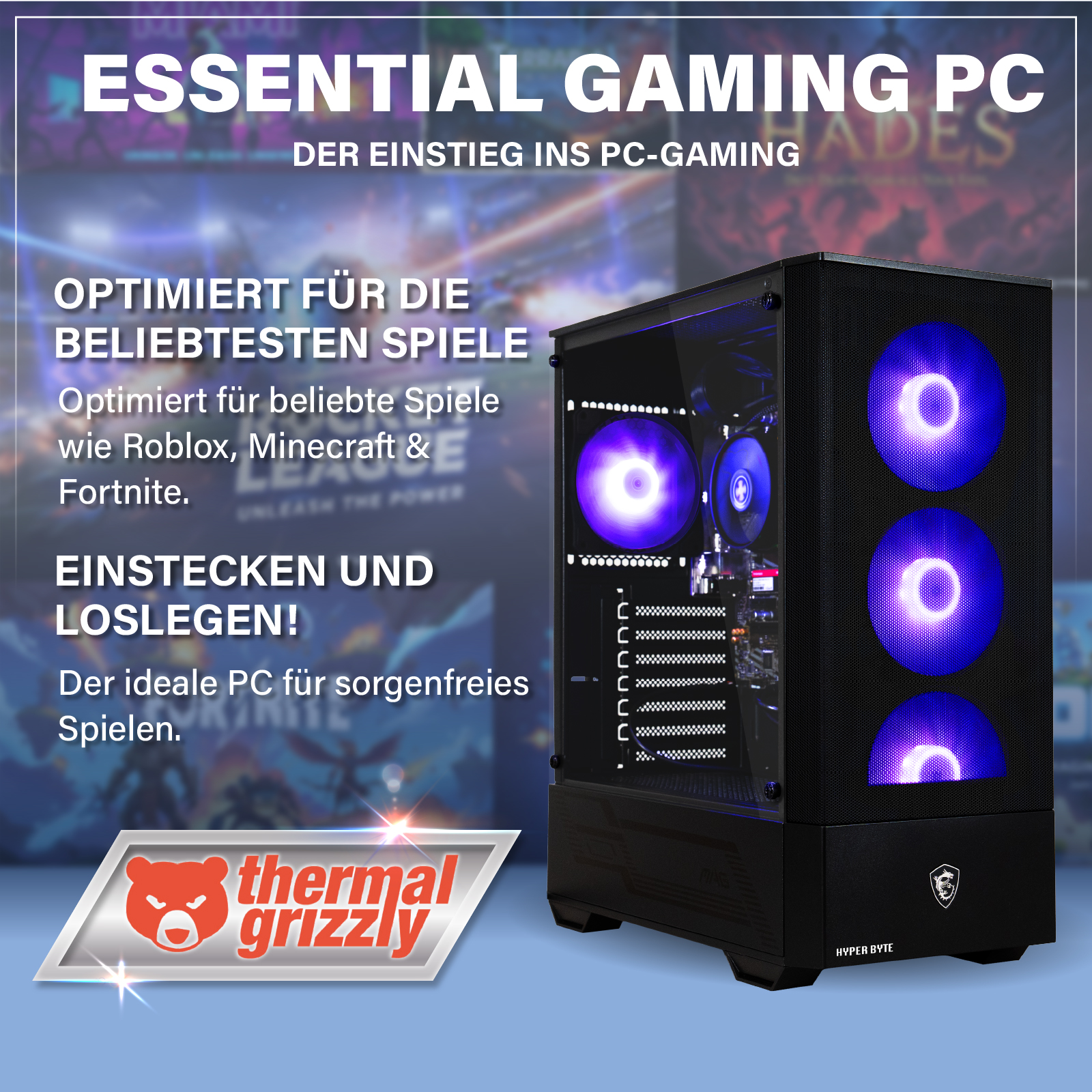 Komputer do gier z niebieskimi światłami. Tekst promuje PC do gier, wspominając gry takie jak Fortnite.