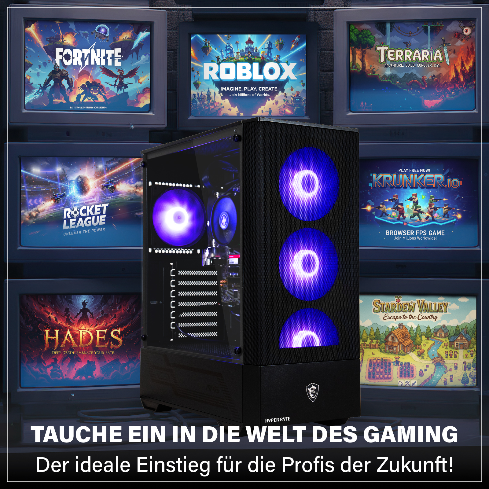 Komputer do gier z podświetlanymi wentylatorami jest na środku. Monitory pokazują tytuły gier, takie jak Fortnite, Roblox, Terraria i inne.