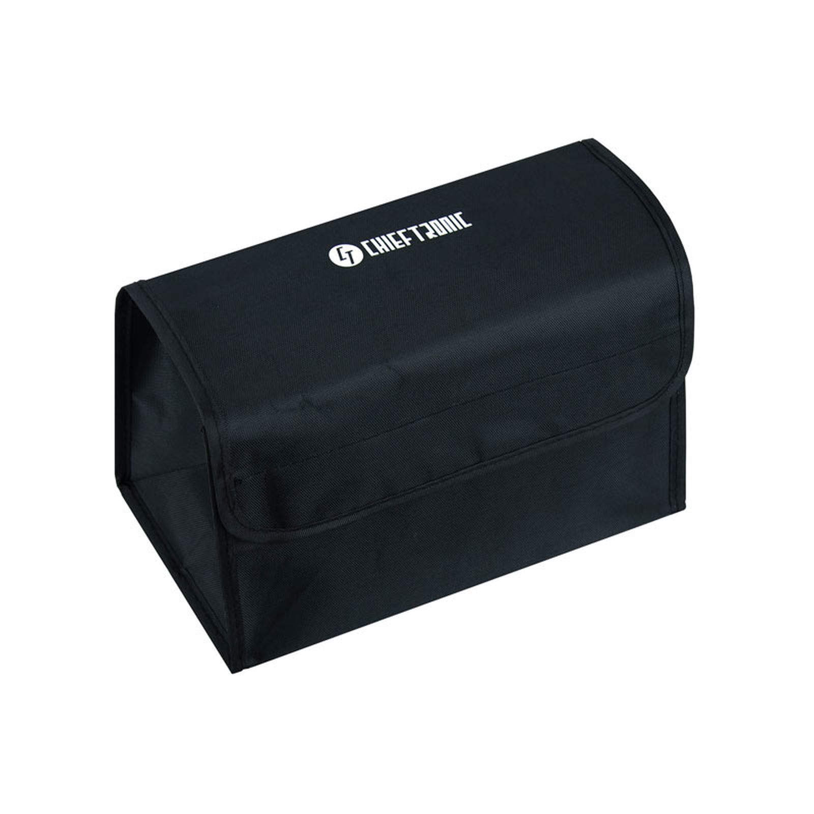 Eine schwarze Aufbewahrungsbox mit dem weißen Schriftzug 'CHIEFTRONIC'. Sie hat eine Klappe und steht auf weißem Hintergrund.