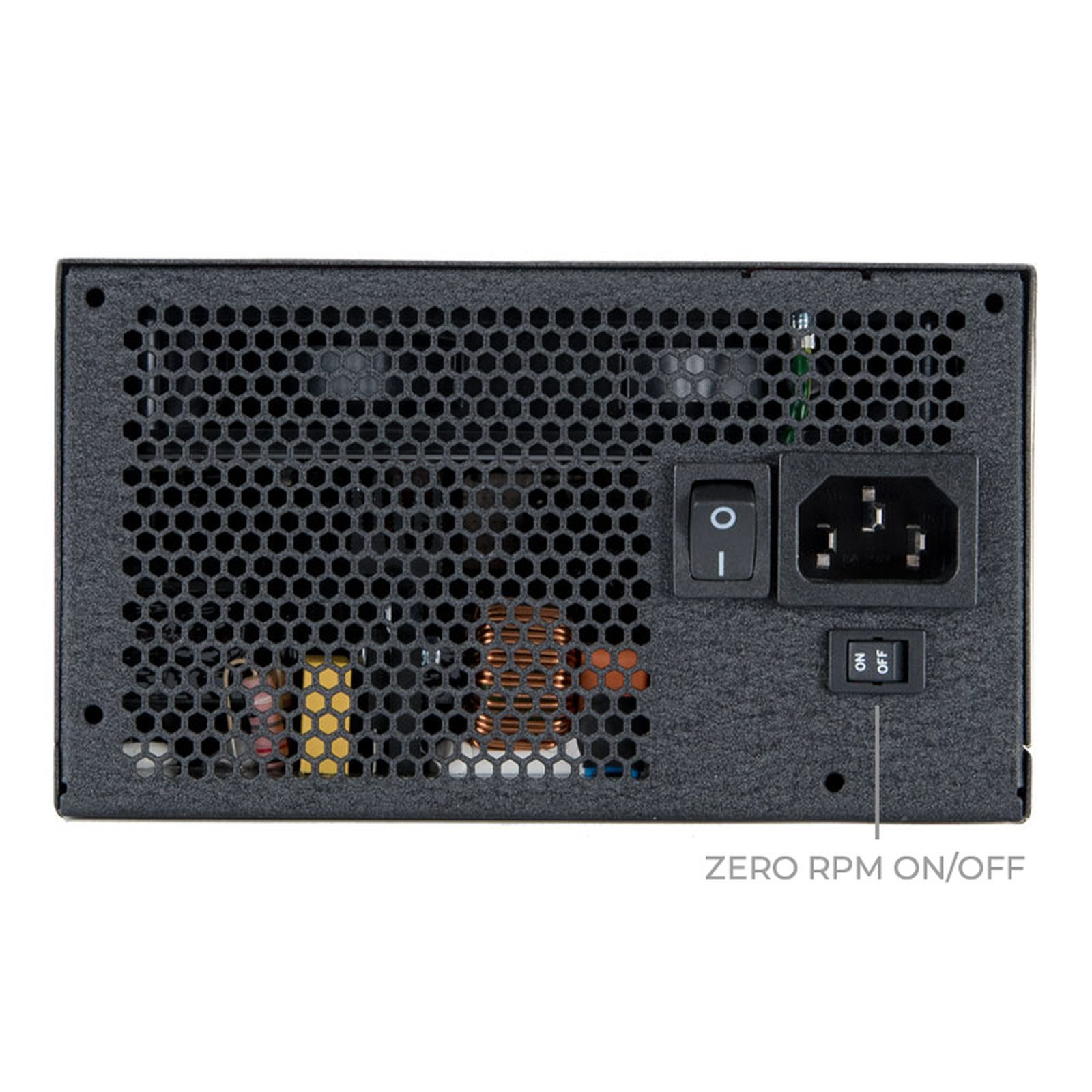Rückansicht eines schwarzen Netzteils mit Gitter, Netzschalter, Stromeingang und einem Zero-RPM-Ein/Aus-Schalter.