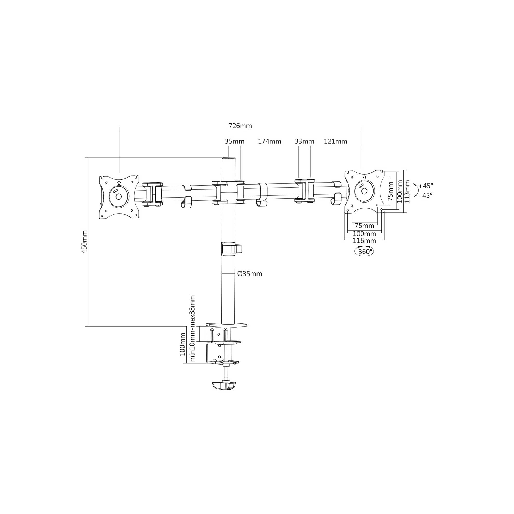 Rysunek techniczny uchwytu do monitora z wymiarami w milimetrach. Uchwyt jest czarno-biały.