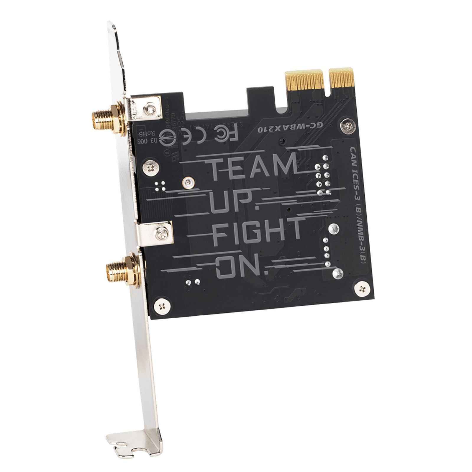 Se muestra una placa de circuito negra con conectores dorados y el texto 'TEAM UP FIGHT ON'.
