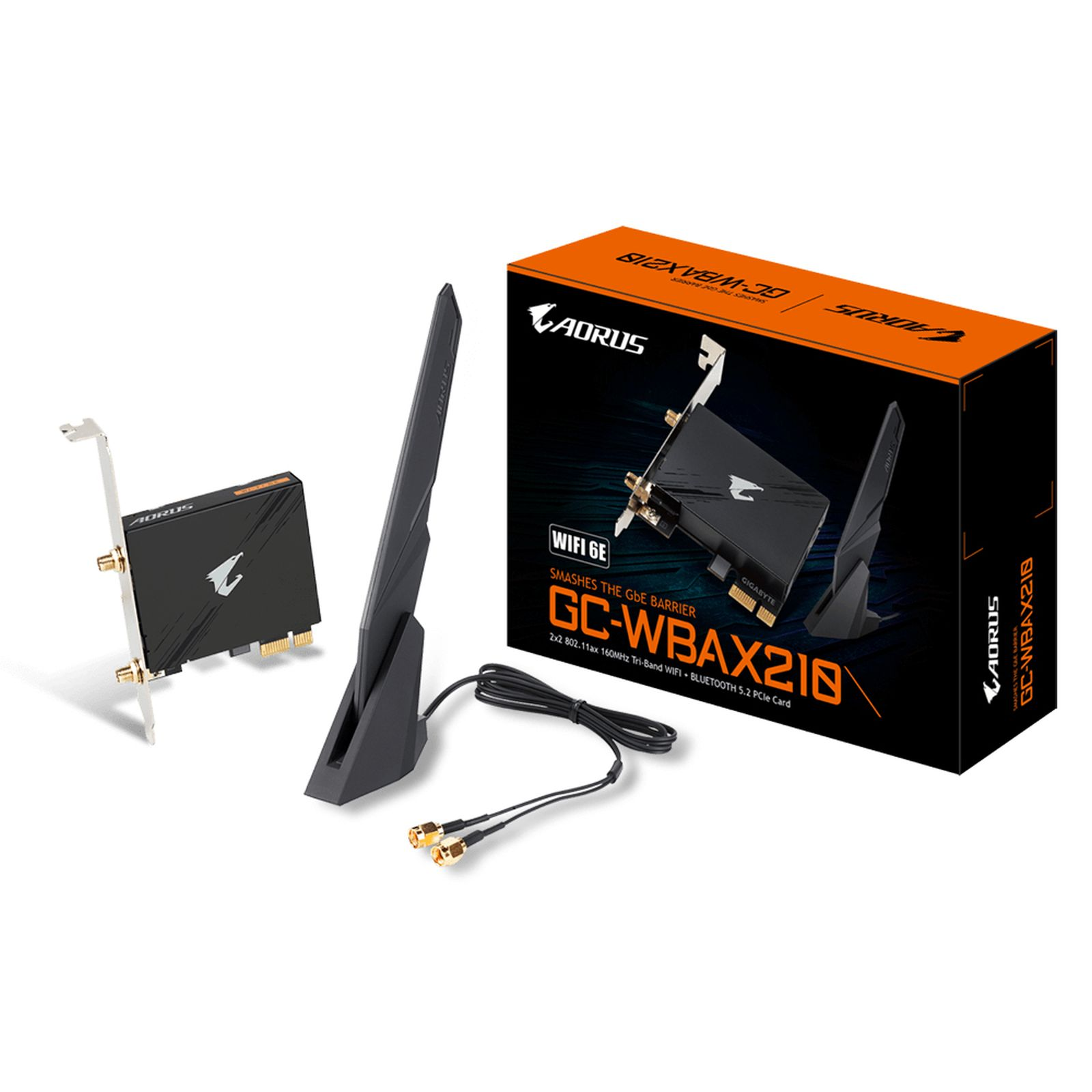 Se muestra la tarjeta Wi-Fi AORUS GC-WBAX210, la antena y la caja. La tarjeta es negra con detalles dorados y la antena es negra.