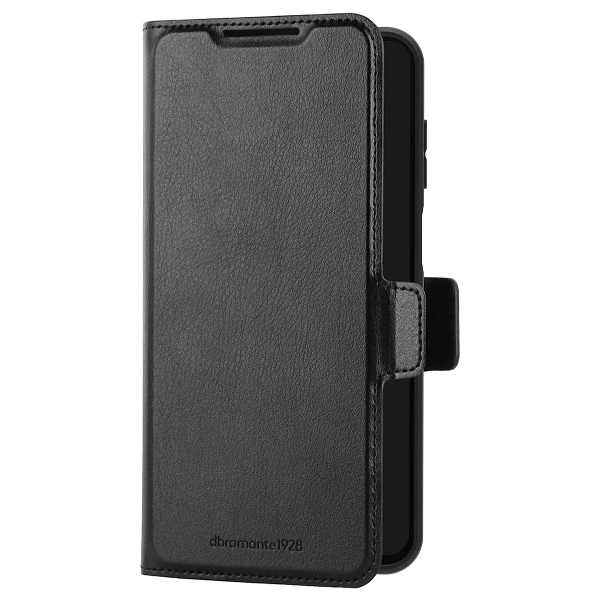 Funda de teléfono de cuero negro con cierre magnético. La funda está abierta, mostrando la pantalla del teléfono.