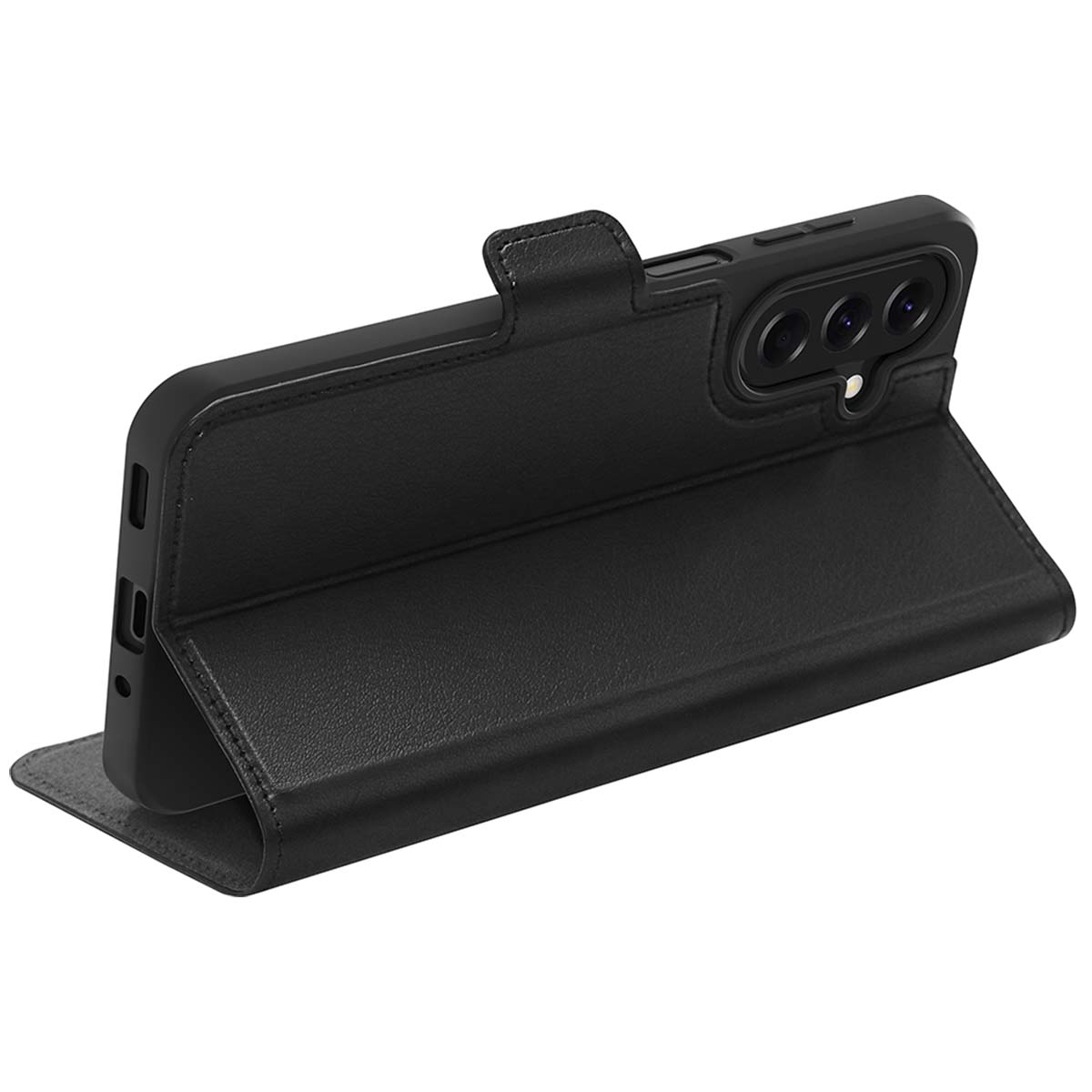 Funda de teléfono negra con tapa abatible, abierta para revelar el teléfono. La funda tiene cierre magnético y recortes para la cámara.
