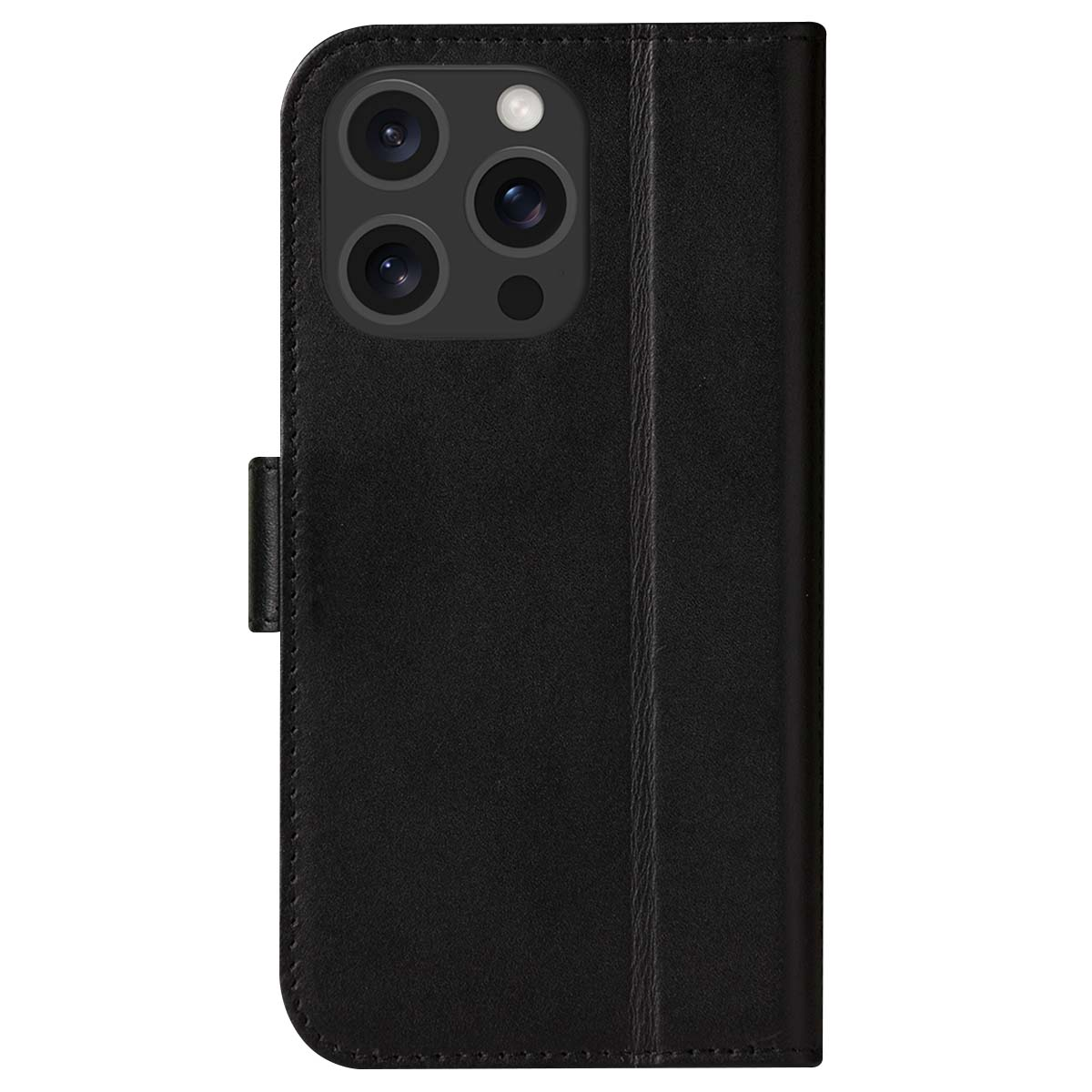 Una custodia nera per telefono con modulo fotocamera. La custodia è chiusa, mostrando l'esterno con chiusura magnetica.
