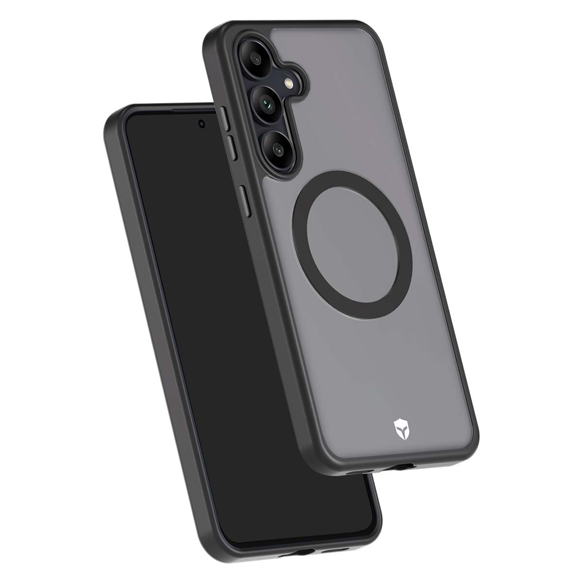 Due custodie nere per telefono, una con retro grigio e lenti della fotocamera. Un telefono nero parzialmente visibile.
