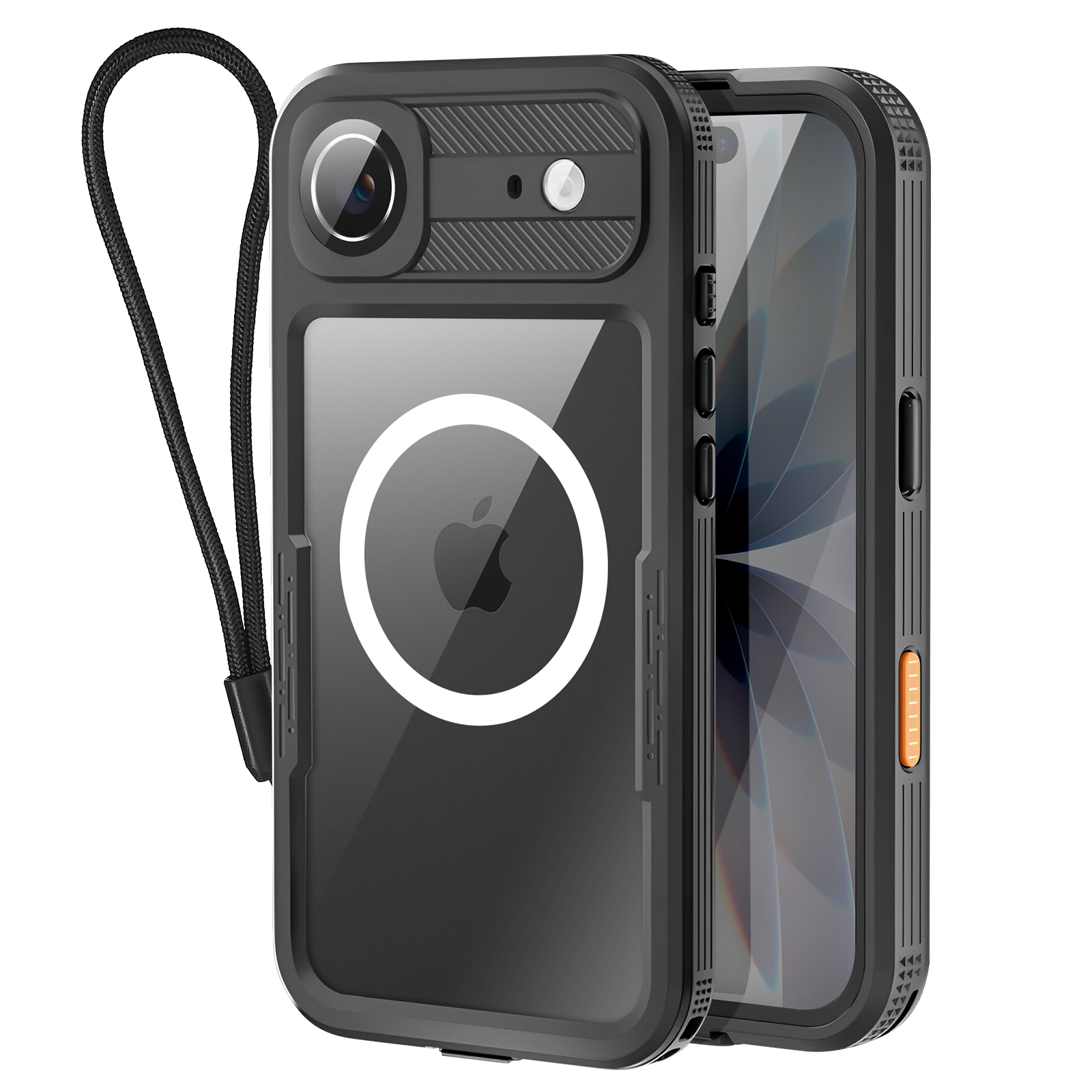 Coque de téléphone noire avec caméra, logo Apple et sangle. L'écran est visible.