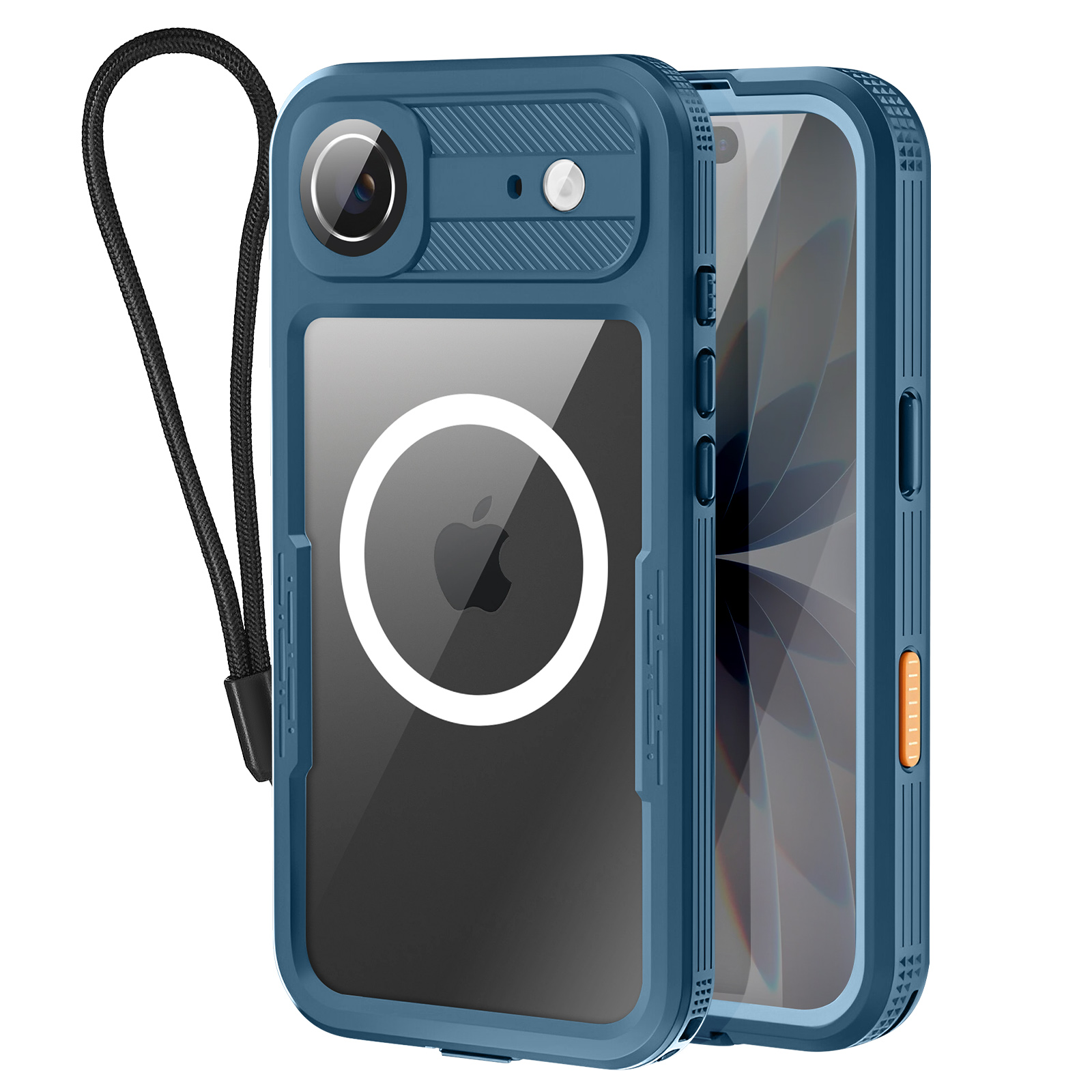 Custodia blu per telefono con cinturino nero. Ha una fotocamera, un logo Apple e pulsanti arancioni.