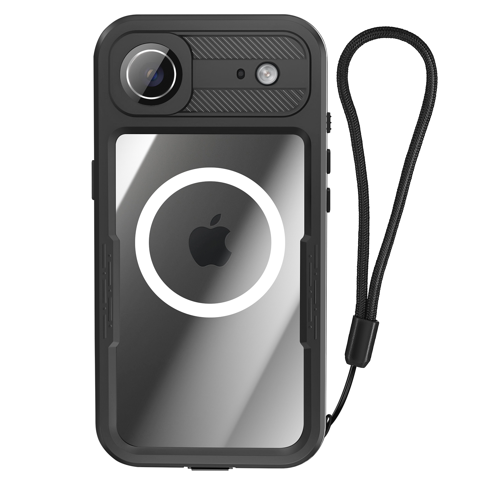 Coque de téléphone noire avec caméra, logo Apple et sangle. Dos transparent. Sangle noire attachée.