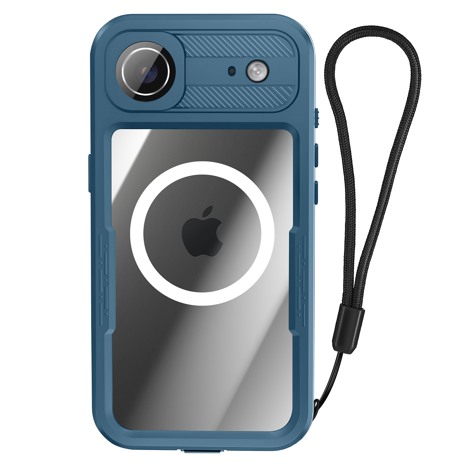 Una custodia blu per telefono con retro trasparente e cinturino nero. Logo Apple visibile.