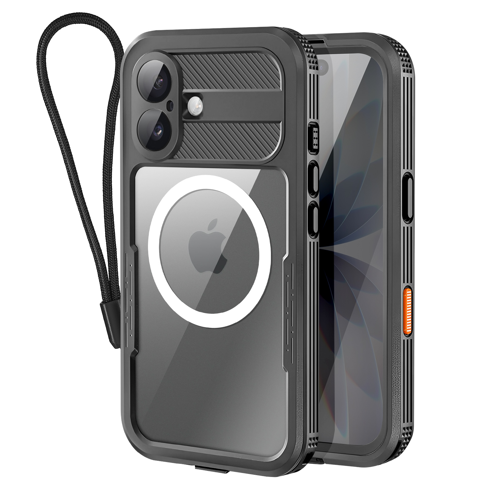 Custodia per telefono nera con ritagli per fotocamera e cordino. Logo Apple visibile. Schermo del telefono visibile. Grigio e nero.
