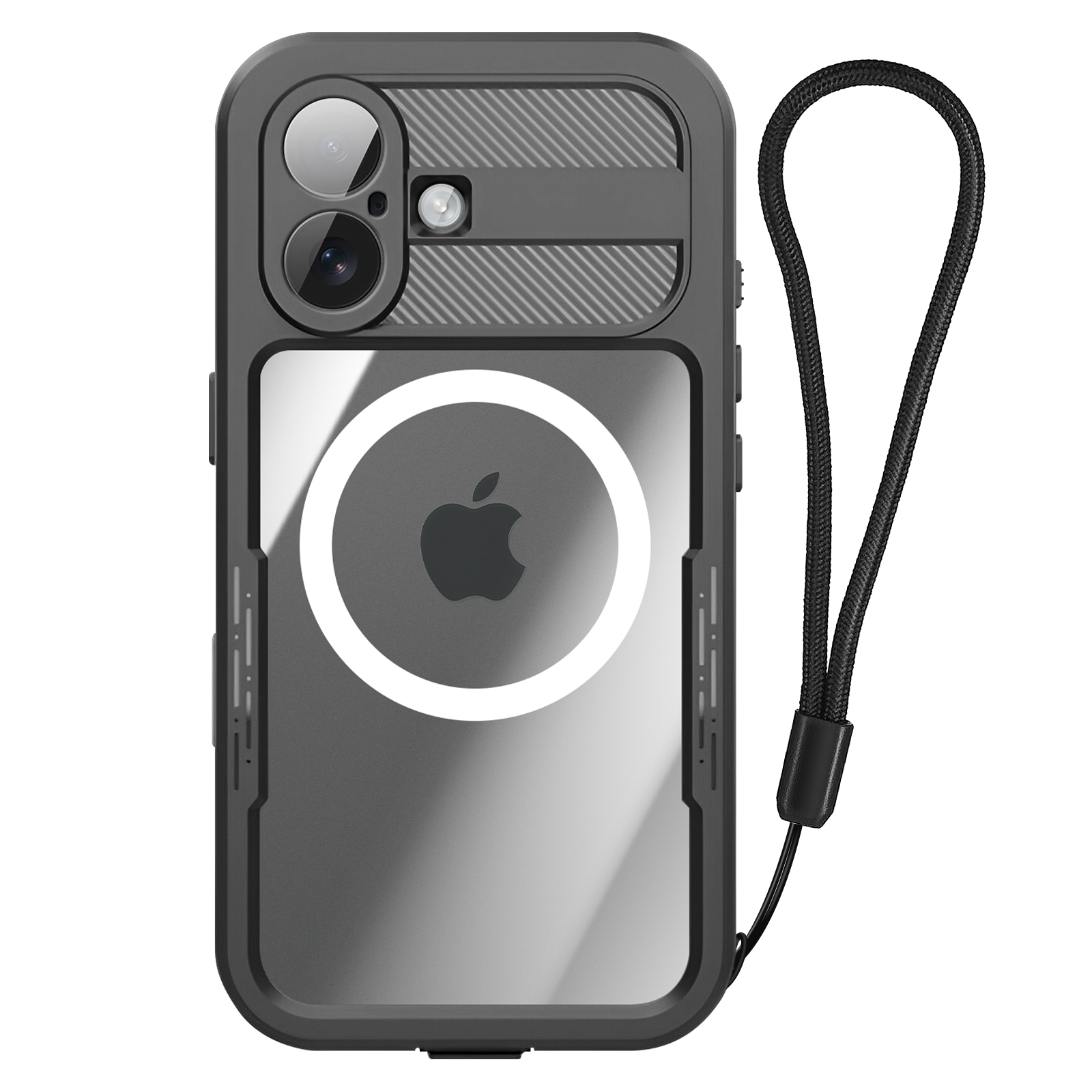 Una custodia per telefono con cinturino nero. La custodia è nera e trasparente, con un logo Apple.