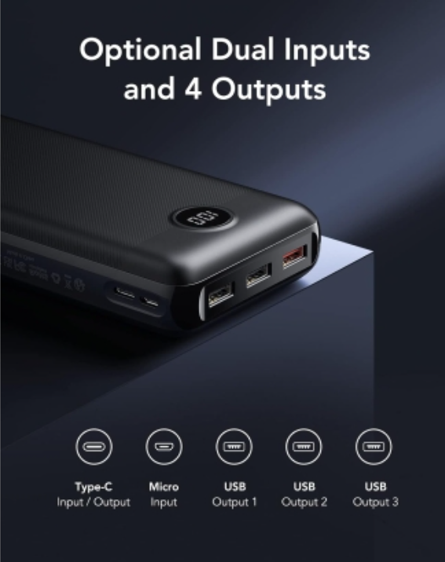 Banco de energía negro con puertos USB y Tipo-C. Texto indica entradas duales y cuatro salidas. Iconos de puertos Tipo-C, Micro y USB.