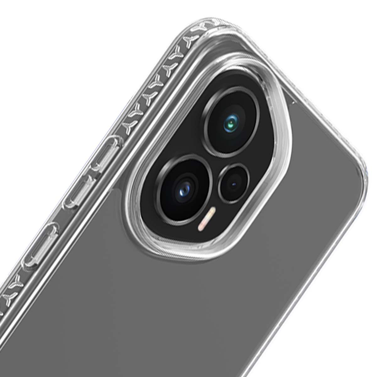 Primo piano di una custodia trasparente per telefono. Le lenti della fotocamera del telefono sono visibili. La custodia ha bordi rialzati e coperture per i pulsanti.
