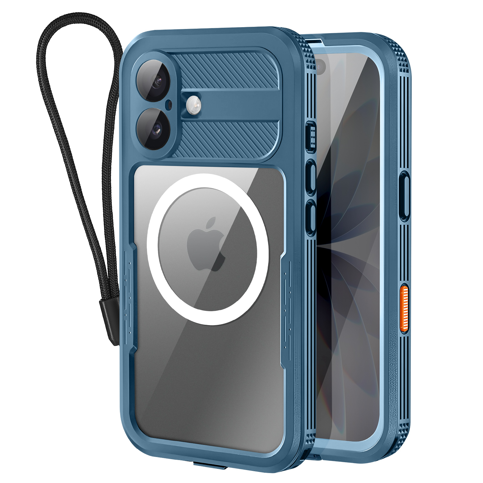 Custodia per telefono blu con cinturino nero. La custodia ha un retro trasparente con il logo Apple. Due fotocamere sono visibili.